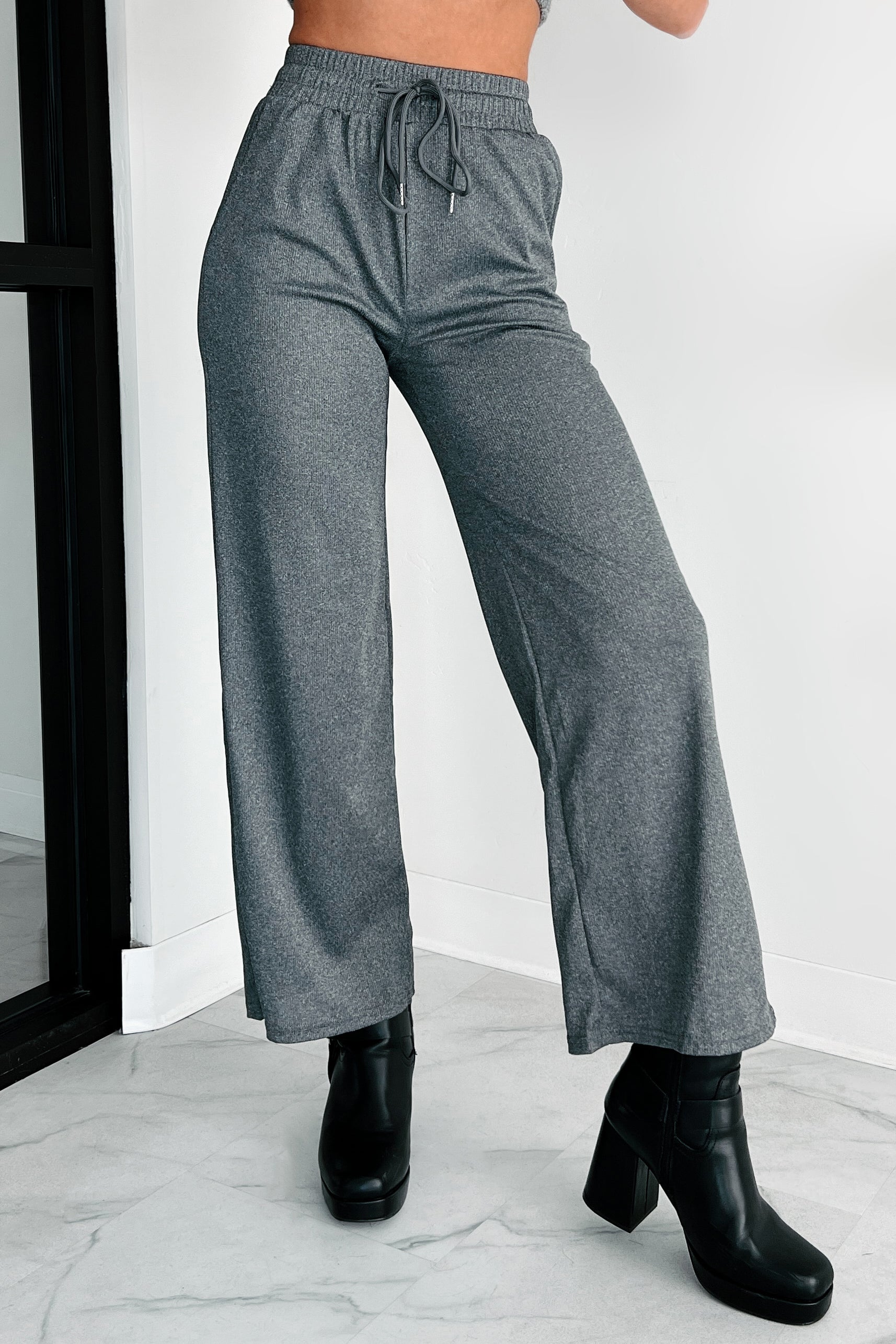 DOORBUSTER I'm Staying Put Wide Leg Drawstring Pants (Heather Grey) - Image 2