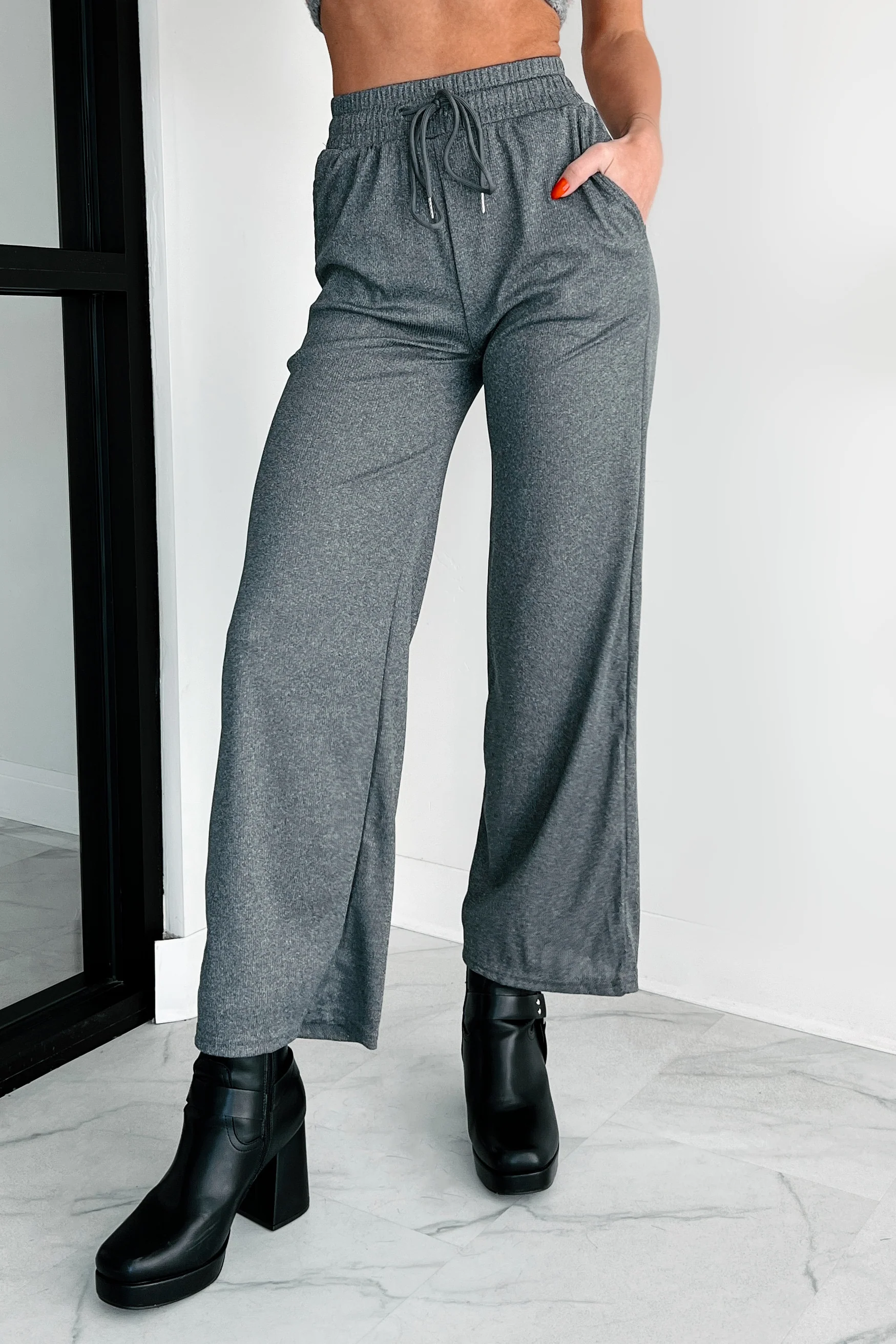 DOORBUSTER I'm Staying Put Wide Leg Drawstring Pants (Heather Grey) - Image 3