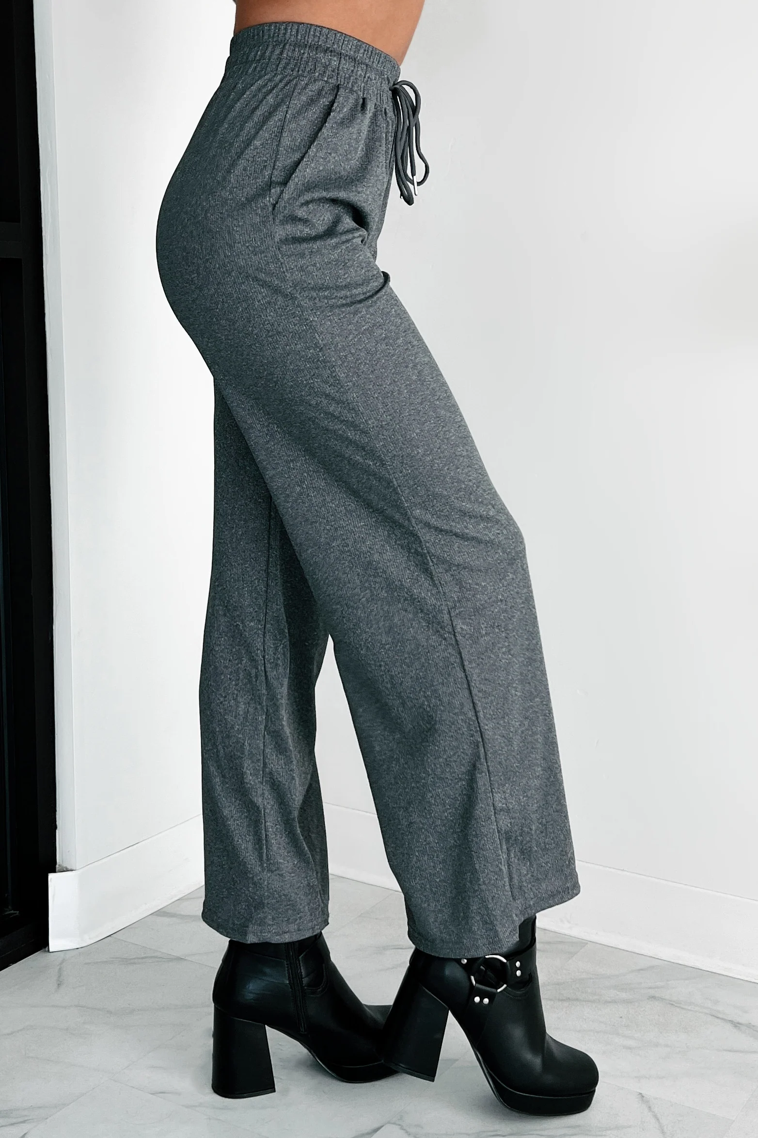 DOORBUSTER I'm Staying Put Wide Leg Drawstring Pants (Heather Grey) - Image 4