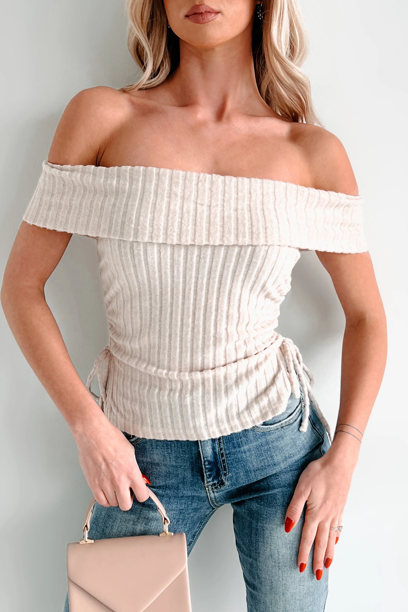 I'm Still Deciding Off The Shoulder Drawstring Side Top (Cream) - Image 4