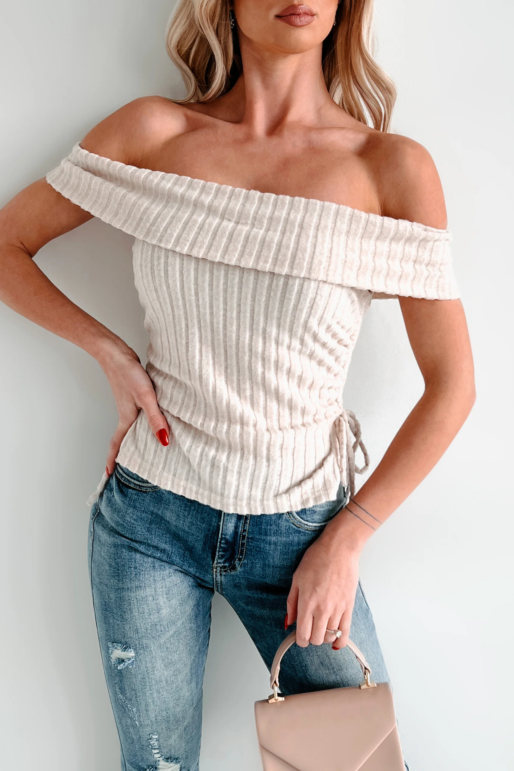 I'm Still Deciding Off The Shoulder Drawstring Side Top (Cream) - Image 5