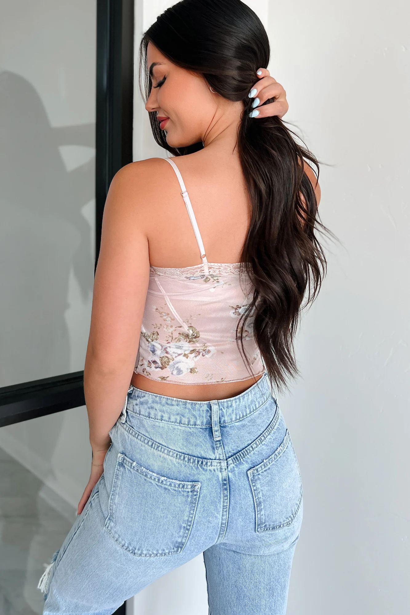 In Her Own World Floral Lace/Mesh Cami Top (Baby Pink) - Image 4