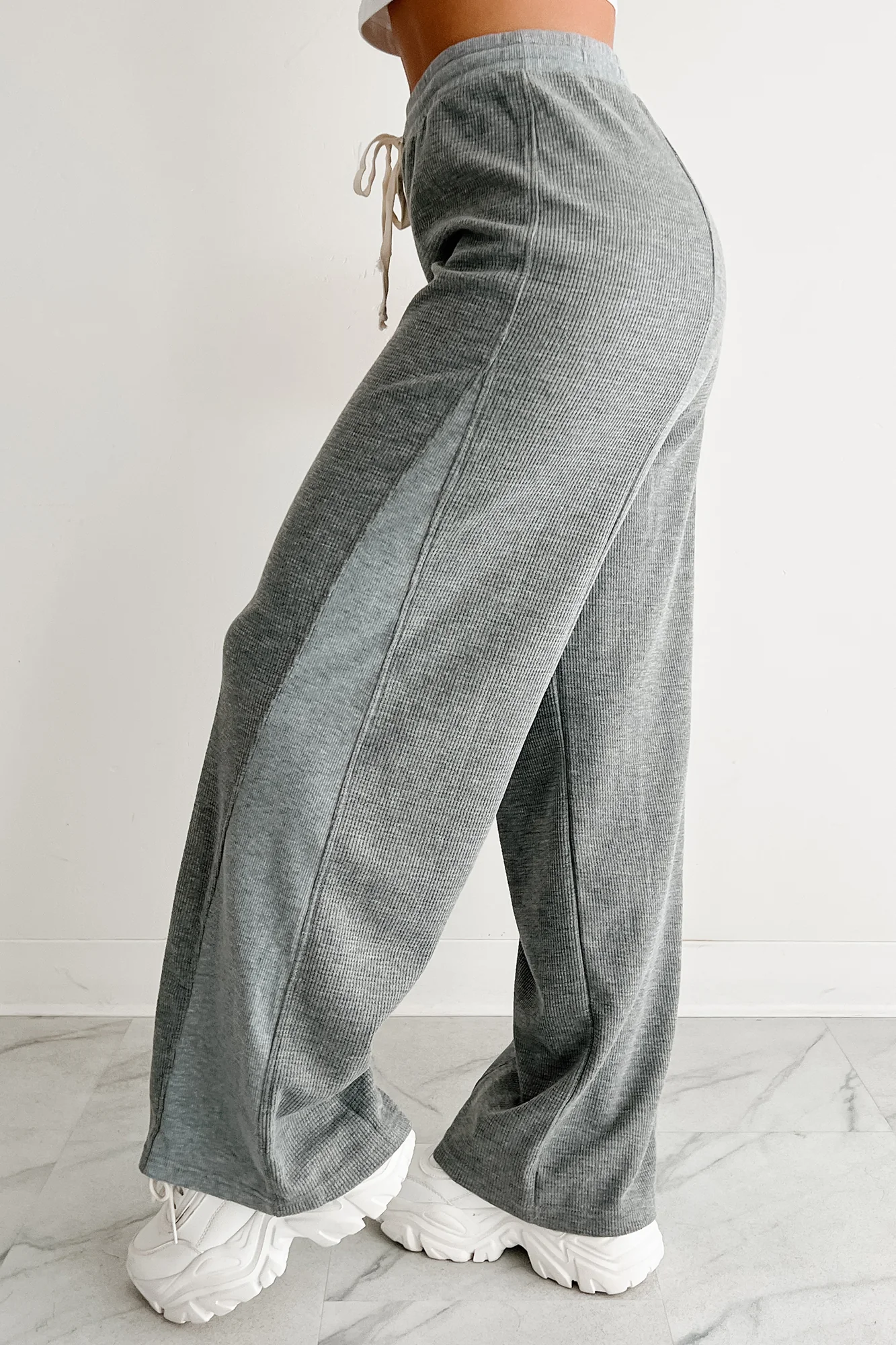 In The Daylight Contrast Tie Waffle Knit Pants (Heather Gray) - Image 8