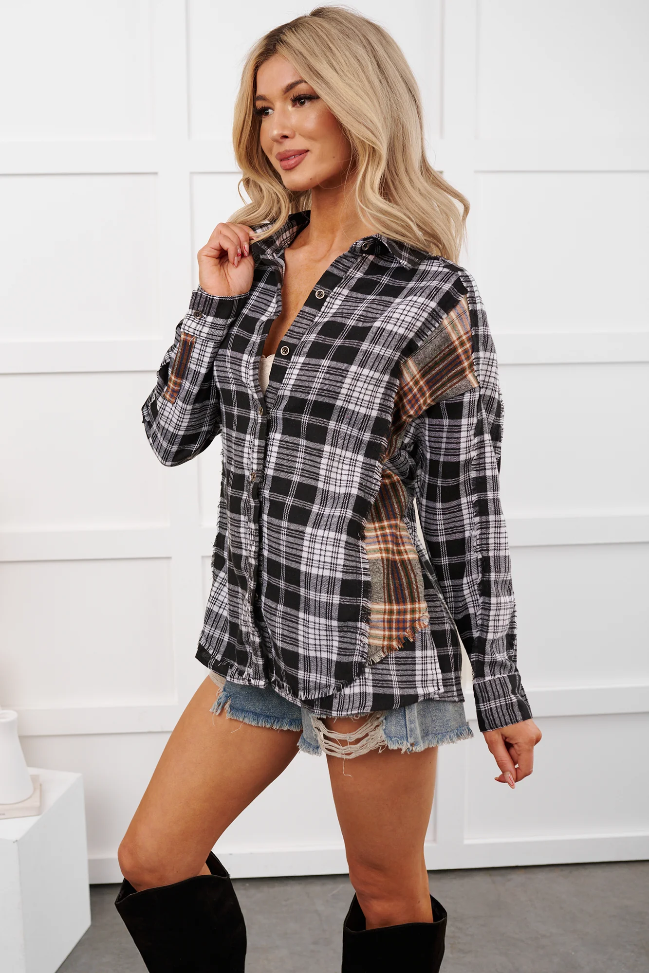 In Unfamiliar Territory Mixed Plaid Button-Up Shirt (Black) - Image 6