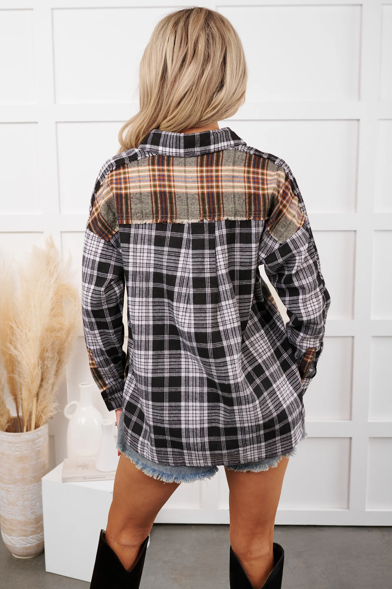 In Unfamiliar Territory Mixed Plaid Button-Up Shirt (Black) - Image 7