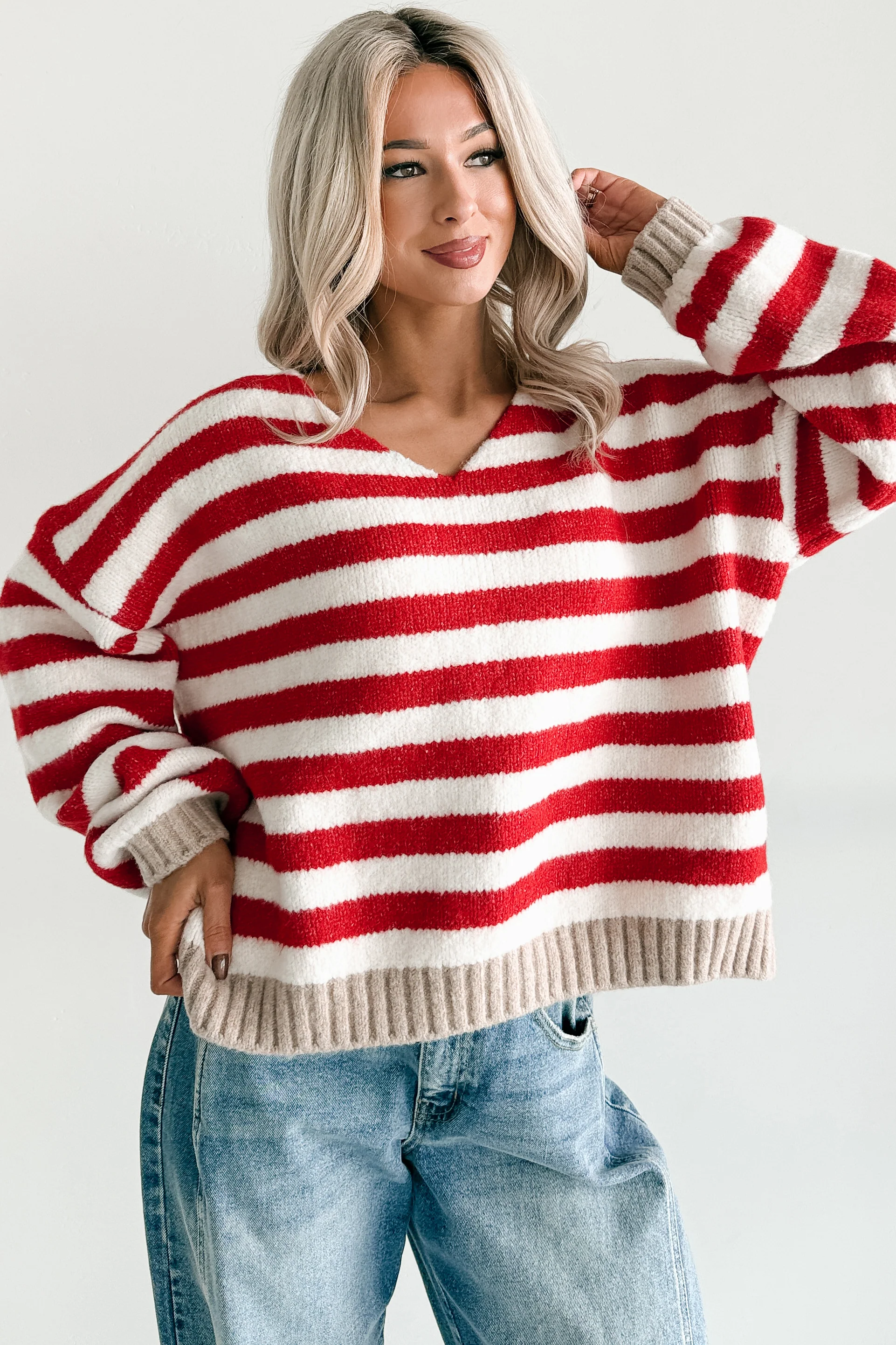 Inspire Me V Neck Striped Knit Sweater (Red/Ivory) - Image 2