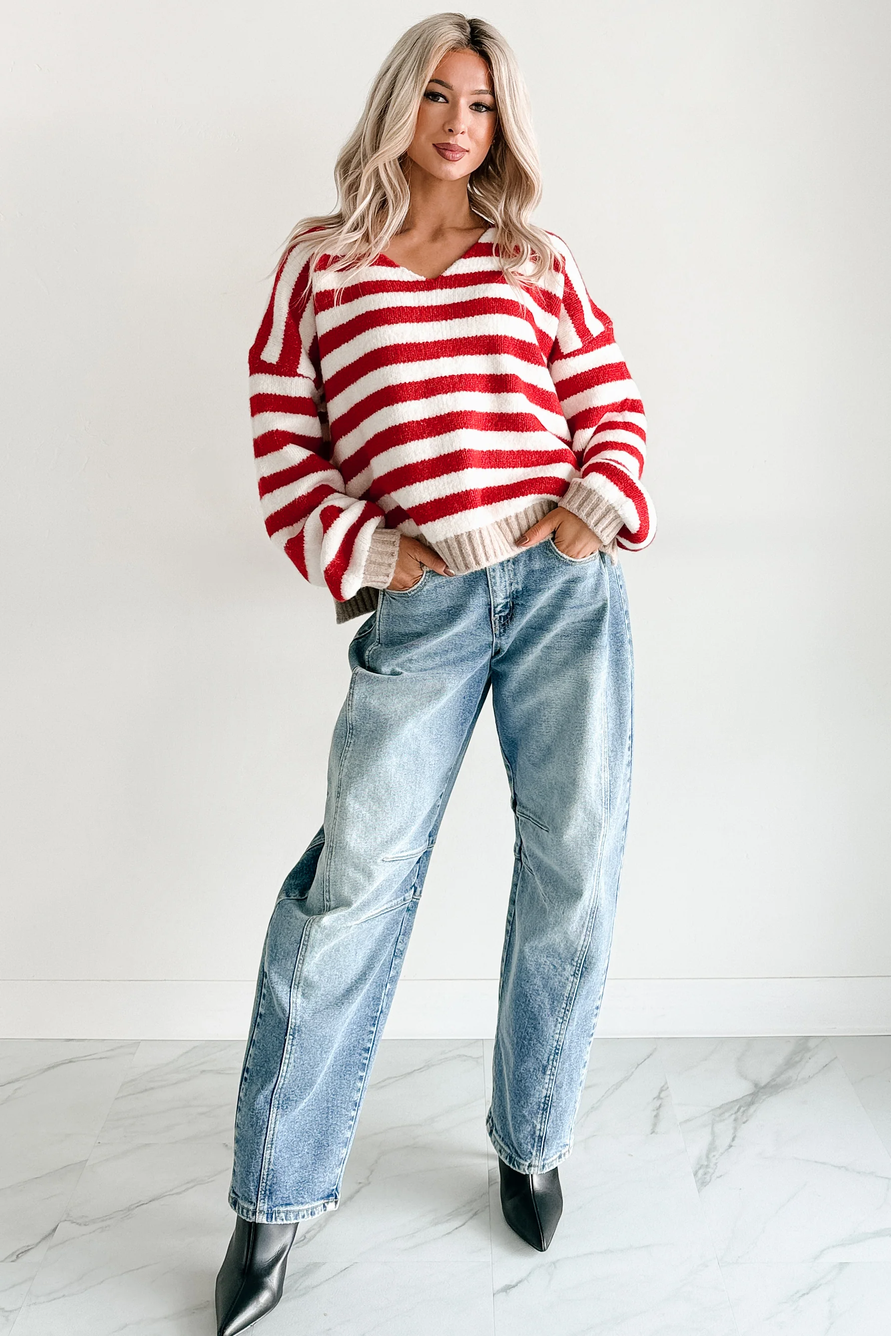 Inspire Me V Neck Striped Knit Sweater (Red/Ivory) - Image 3