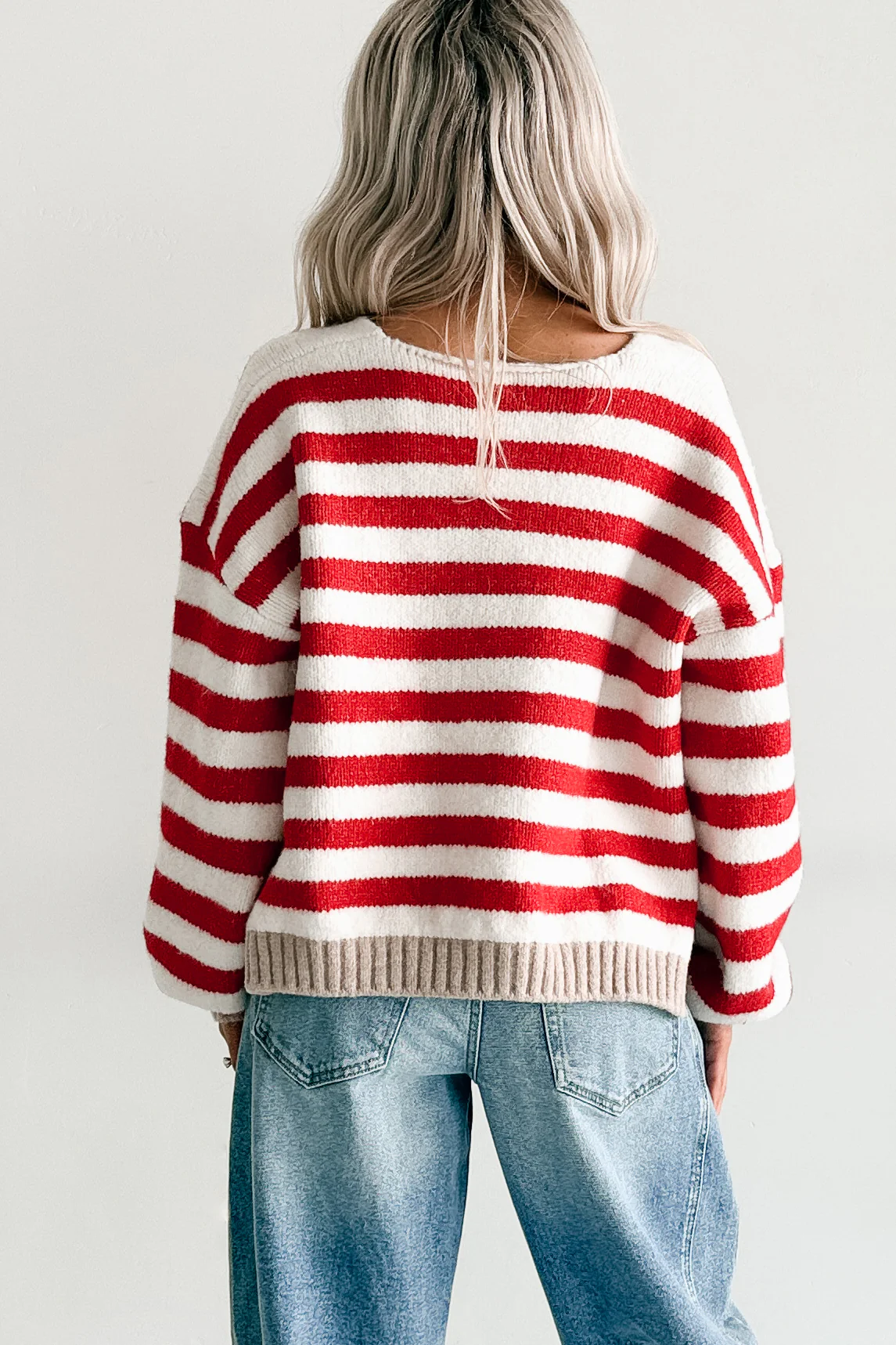 Inspire Me V Neck Striped Knit Sweater (Red/Ivory) - Image 4