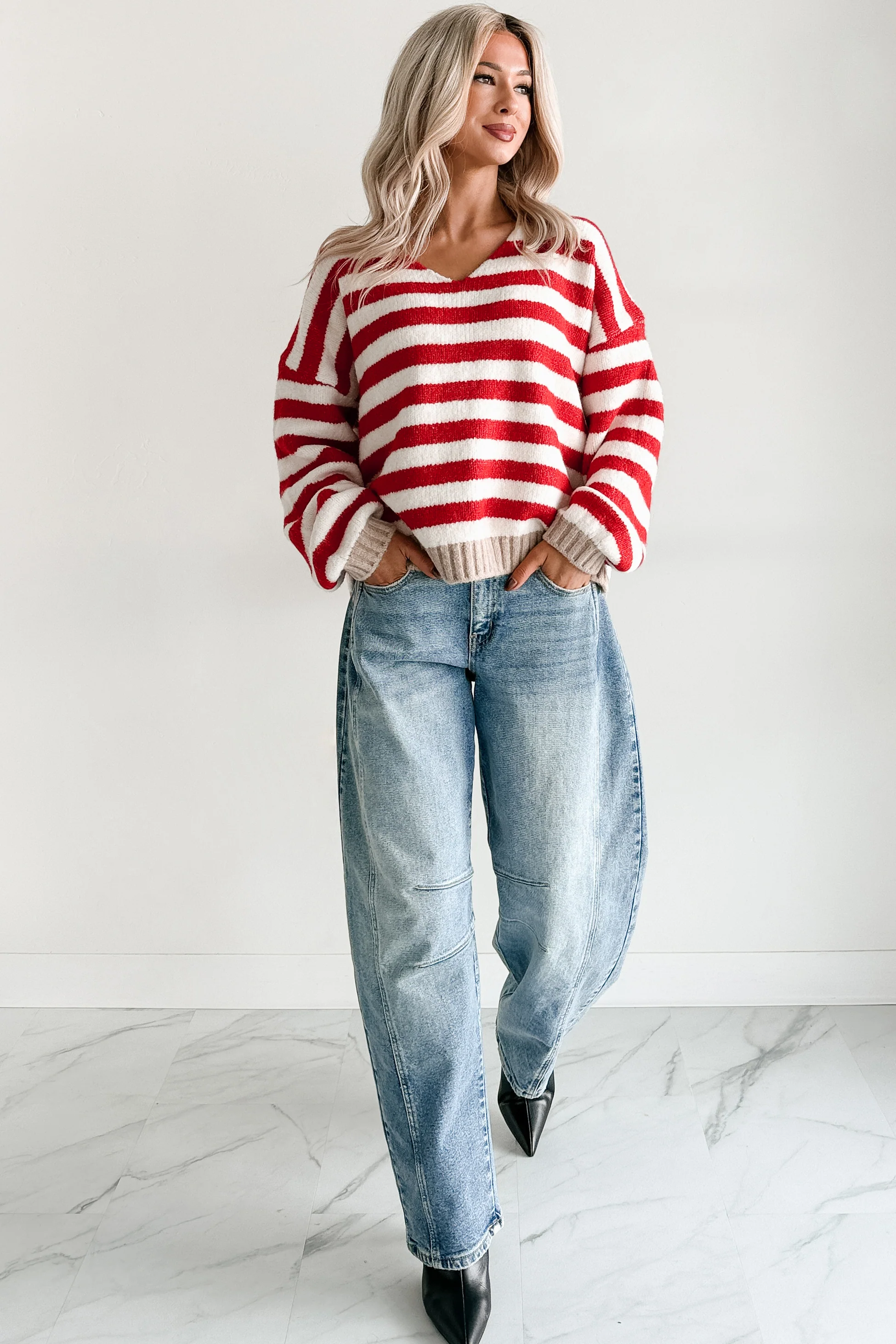 Inspire Me V Neck Striped Knit Sweater (Red/Ivory) - Image 7