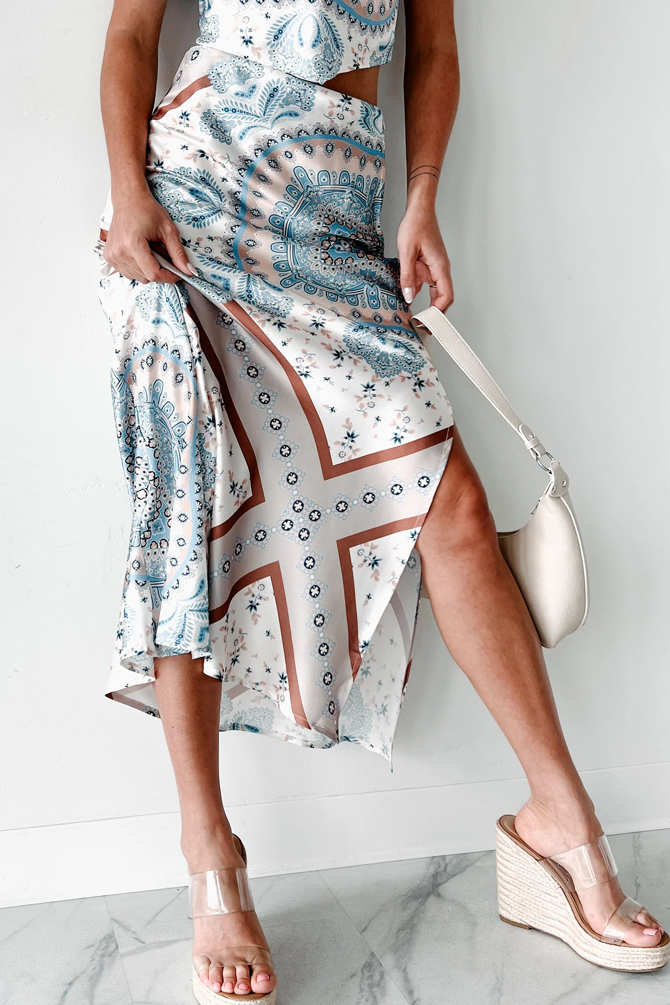 Instantly Adored Printed Satin Maxi Skirt (Sand Multi) - Image 2