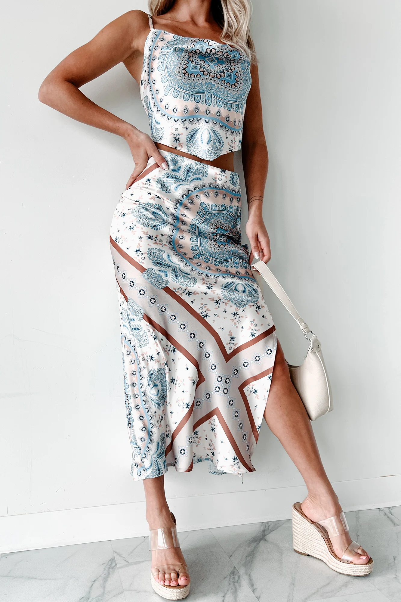 Instantly Adored Printed Satin Maxi Skirt (Sand Multi) - Image 5