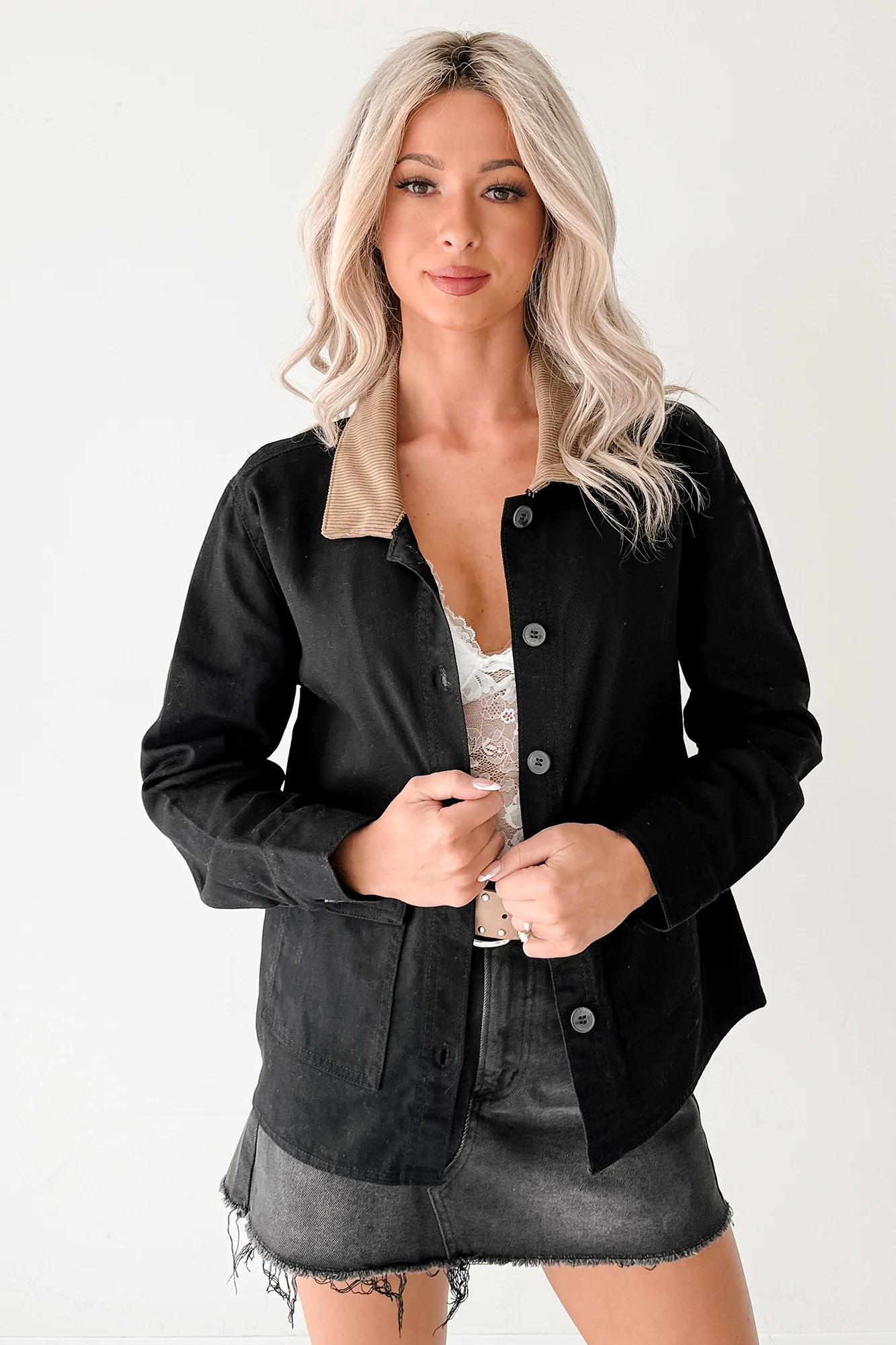Into The Unknown Denim Contrast Corduroy Collar Jacket (Black) - Image 2