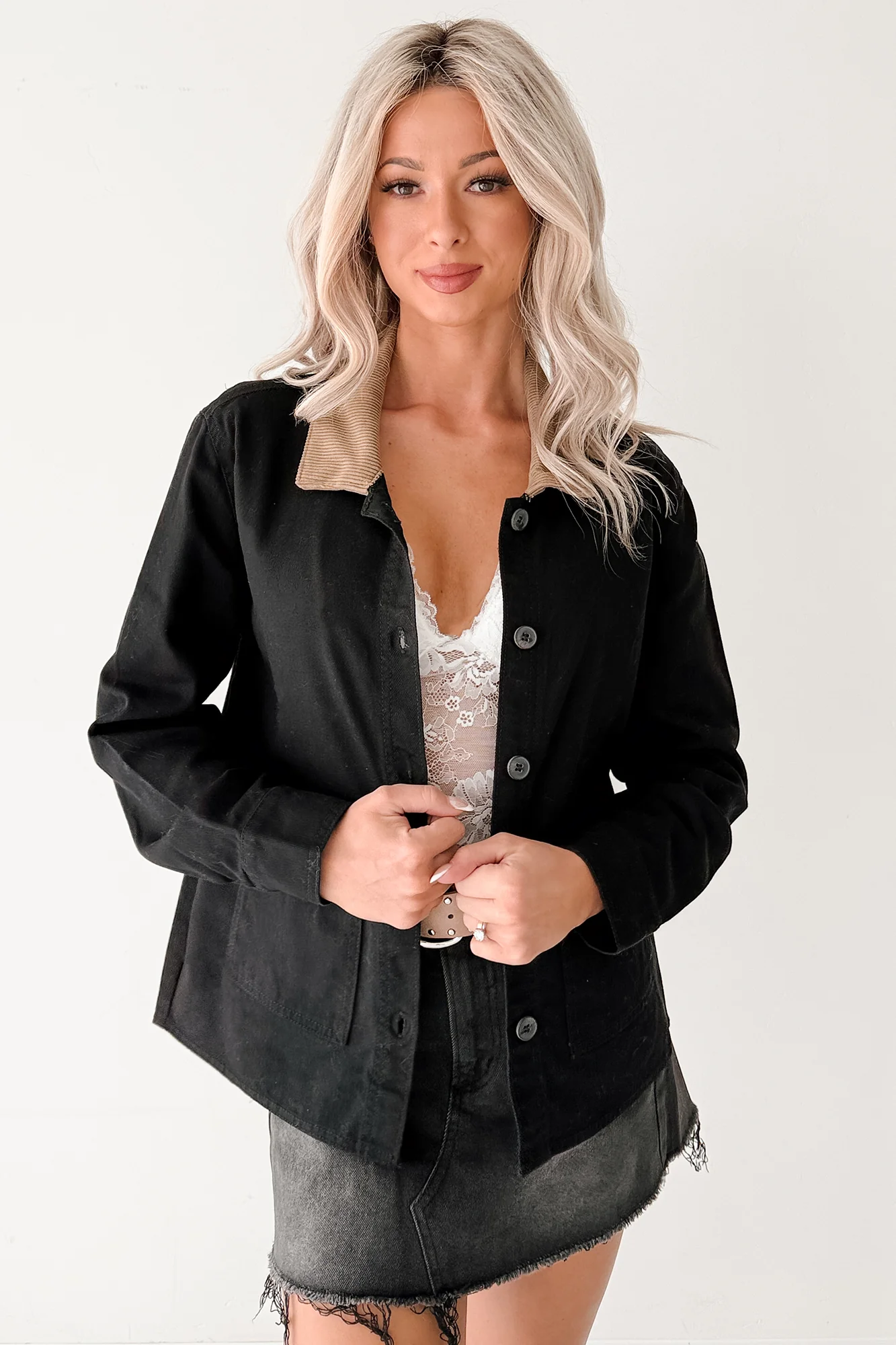 Into The Unknown Denim Contrast Corduroy Collar Jacket (Black) - Image 6