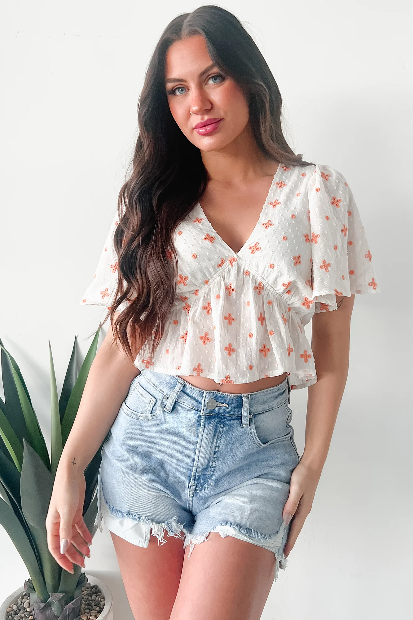 Irresistible Feelings Flutter Sleeve V-Neck Top (White/Coral) - Image 10