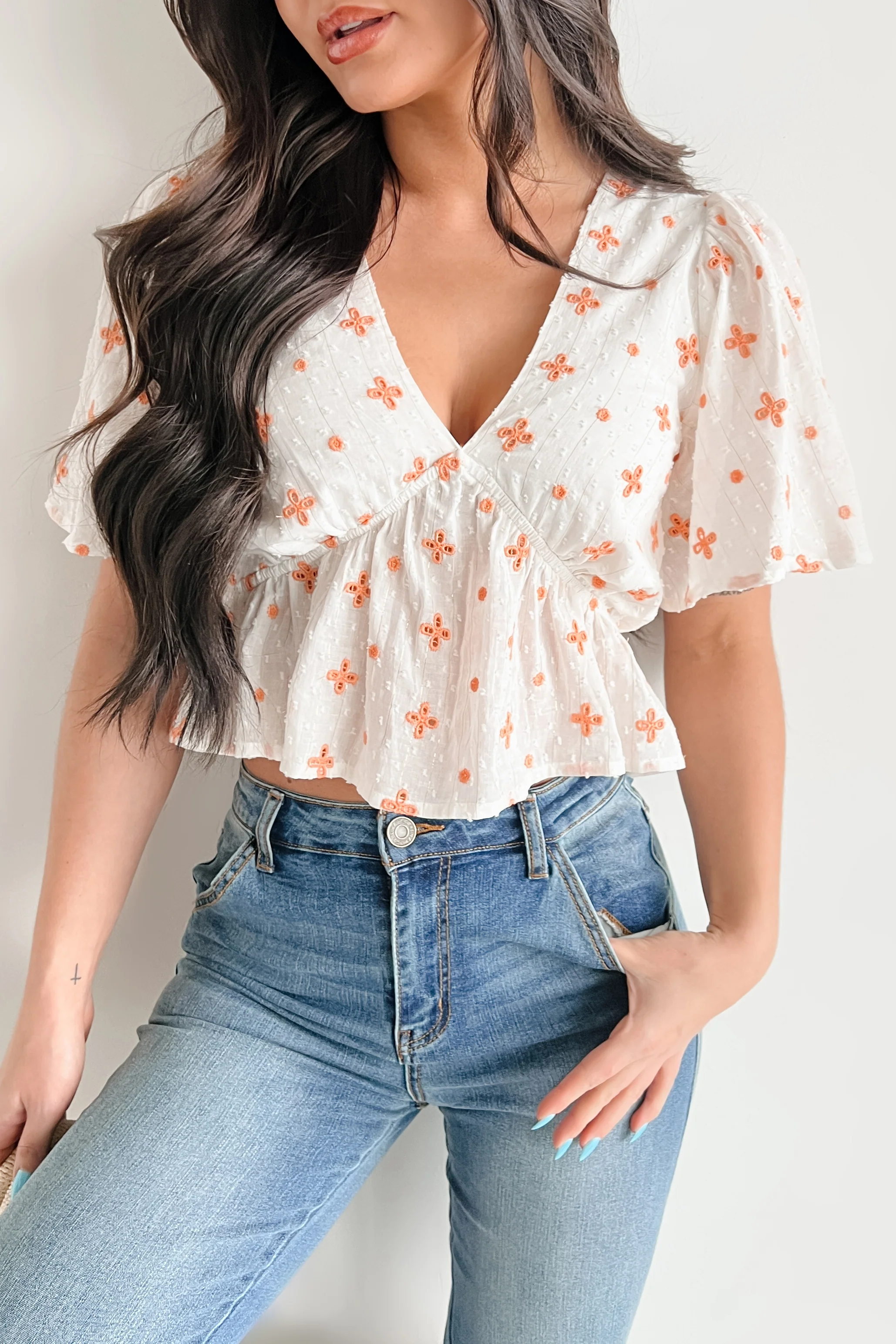 Irresistible Feelings Flutter Sleeve V-Neck Top (White/Coral) - Image 12