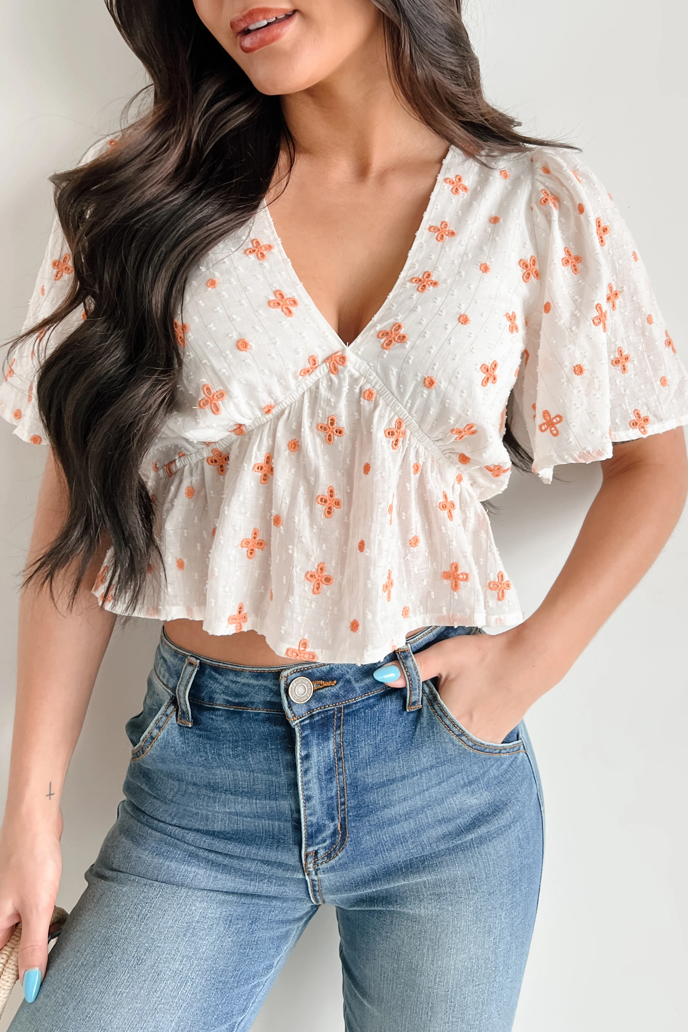 Irresistible Feelings Flutter Sleeve V-Neck Top (White/Coral) - Image 3