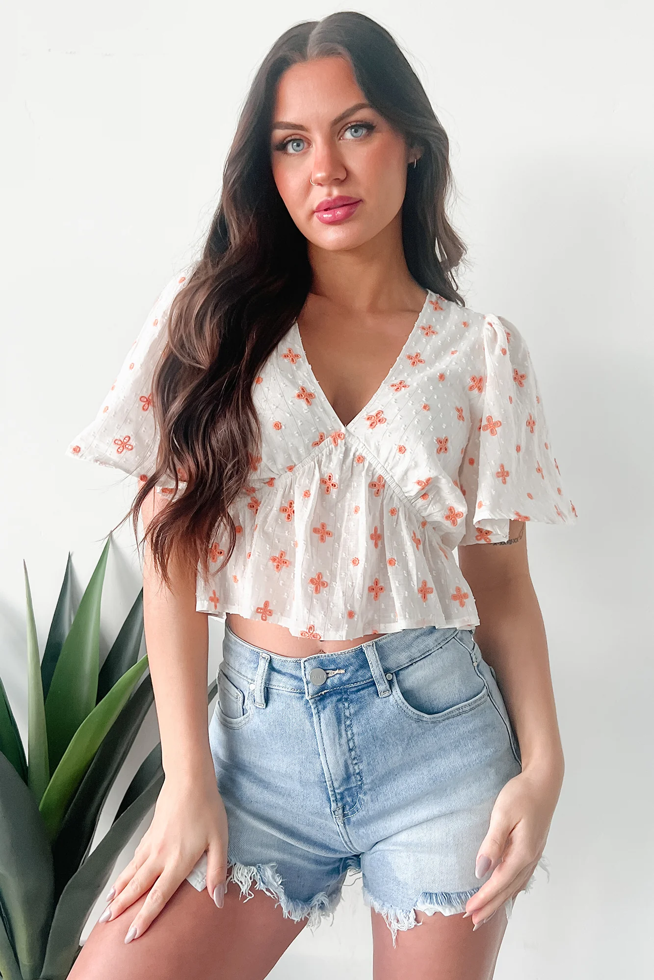 Irresistible Feelings Flutter Sleeve V-Neck Top (White/Coral) - Image 5
