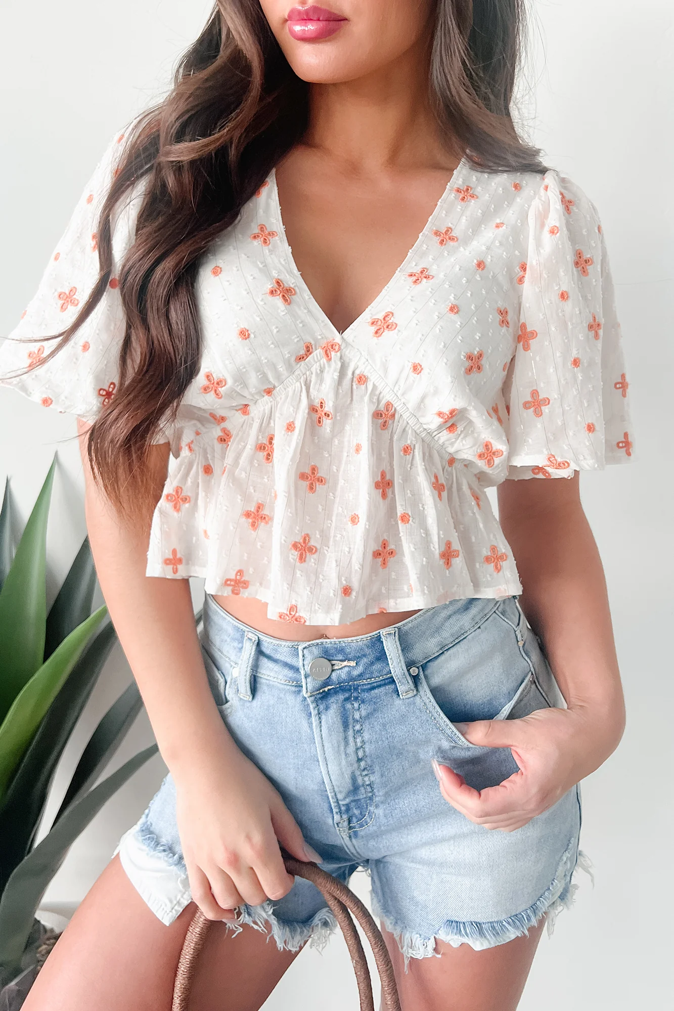 Irresistible Feelings Flutter Sleeve V-Neck Top (White/Coral) - Image 6