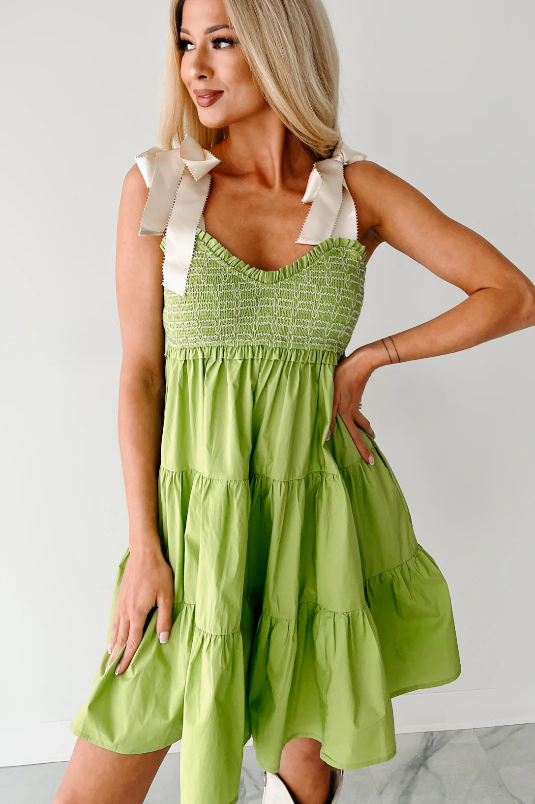 Is This Fate Tiered Ribbon Strap Mini Dress (Lime Green) - Image 3