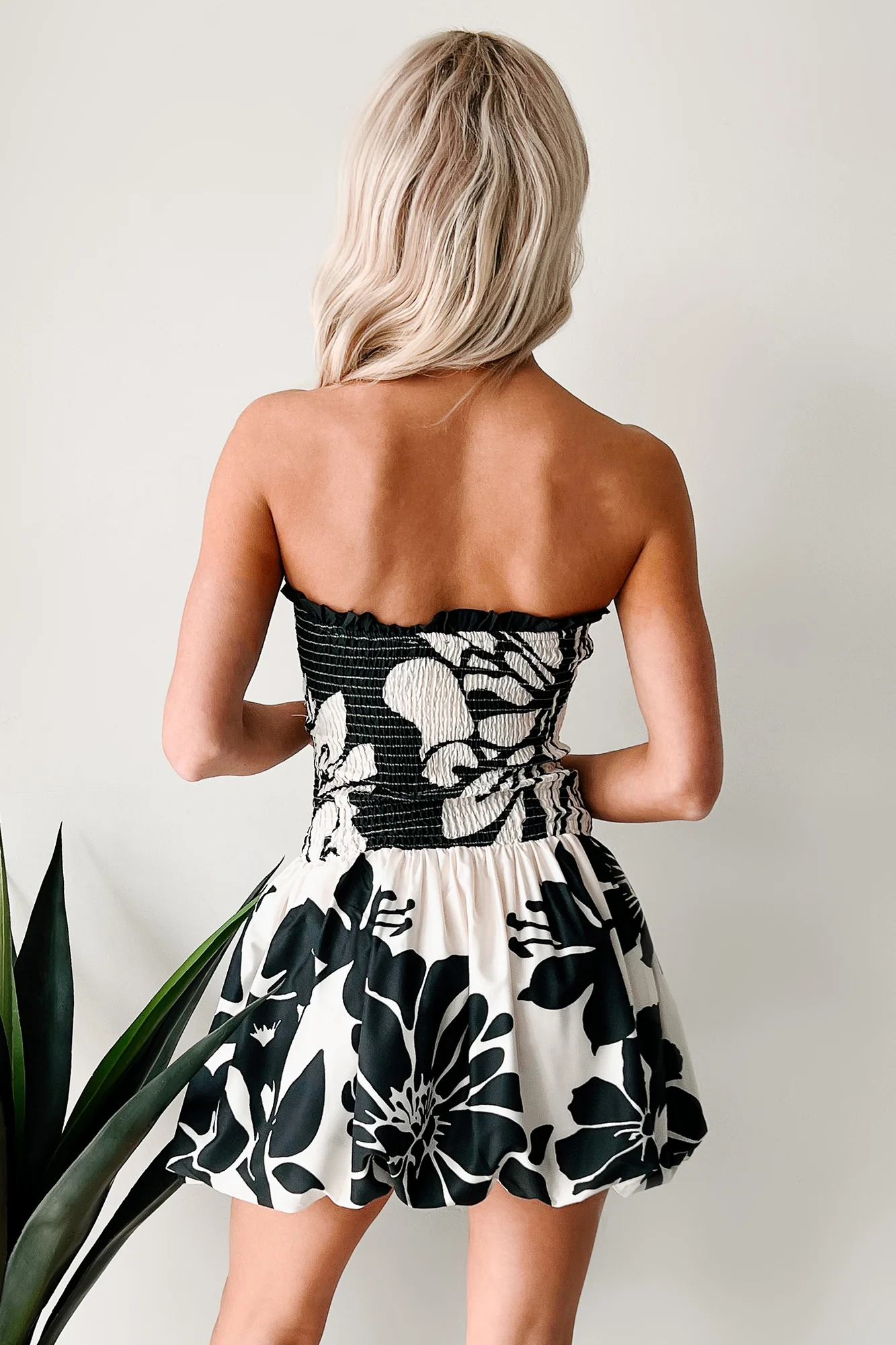 Island Escape Strapless Smocked Bubble Mini Dress (Black) - Image 4