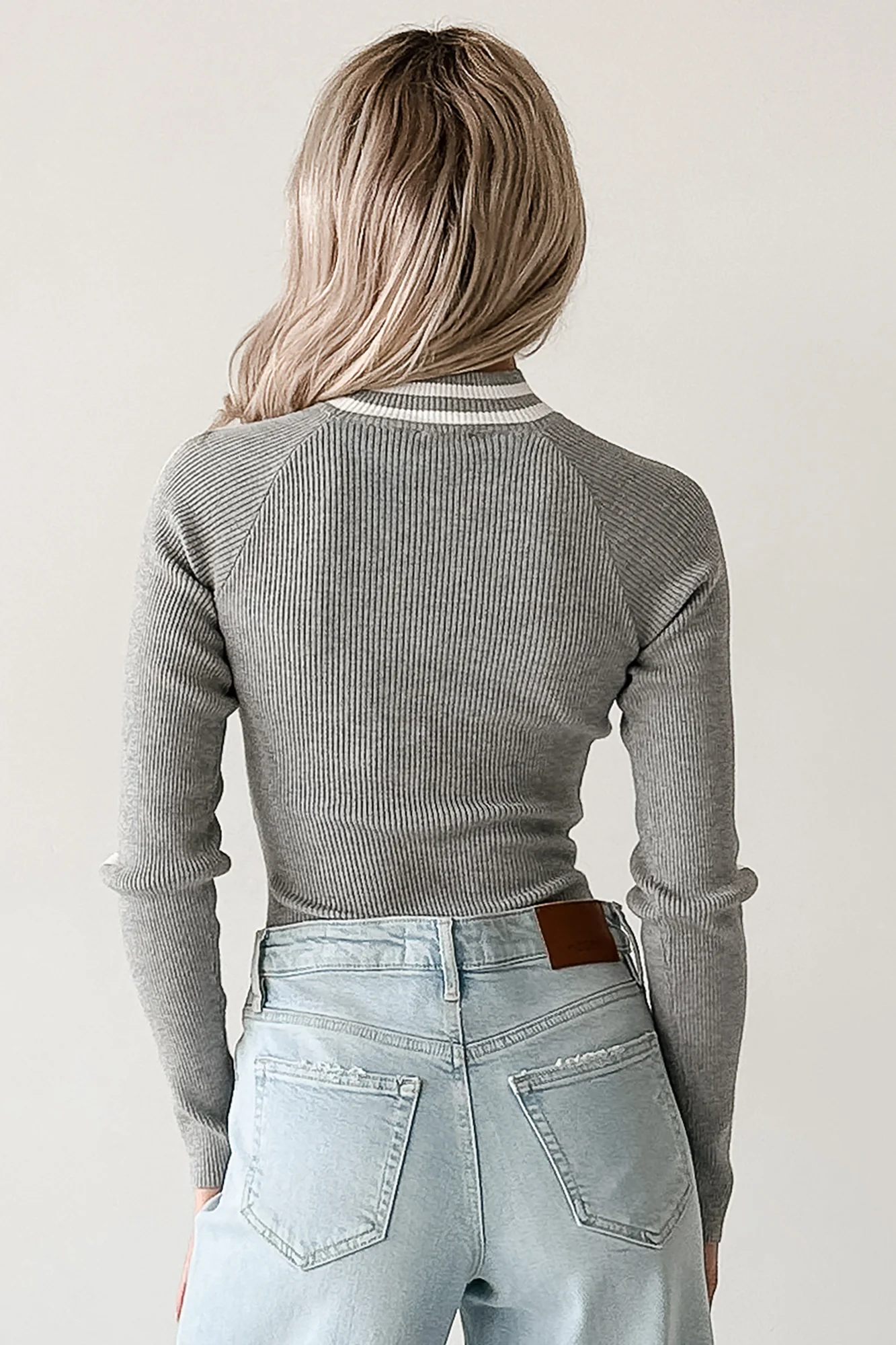It Just Clicks Striped Mock Neck Bodysuit (H.Grey/White) - Image 3