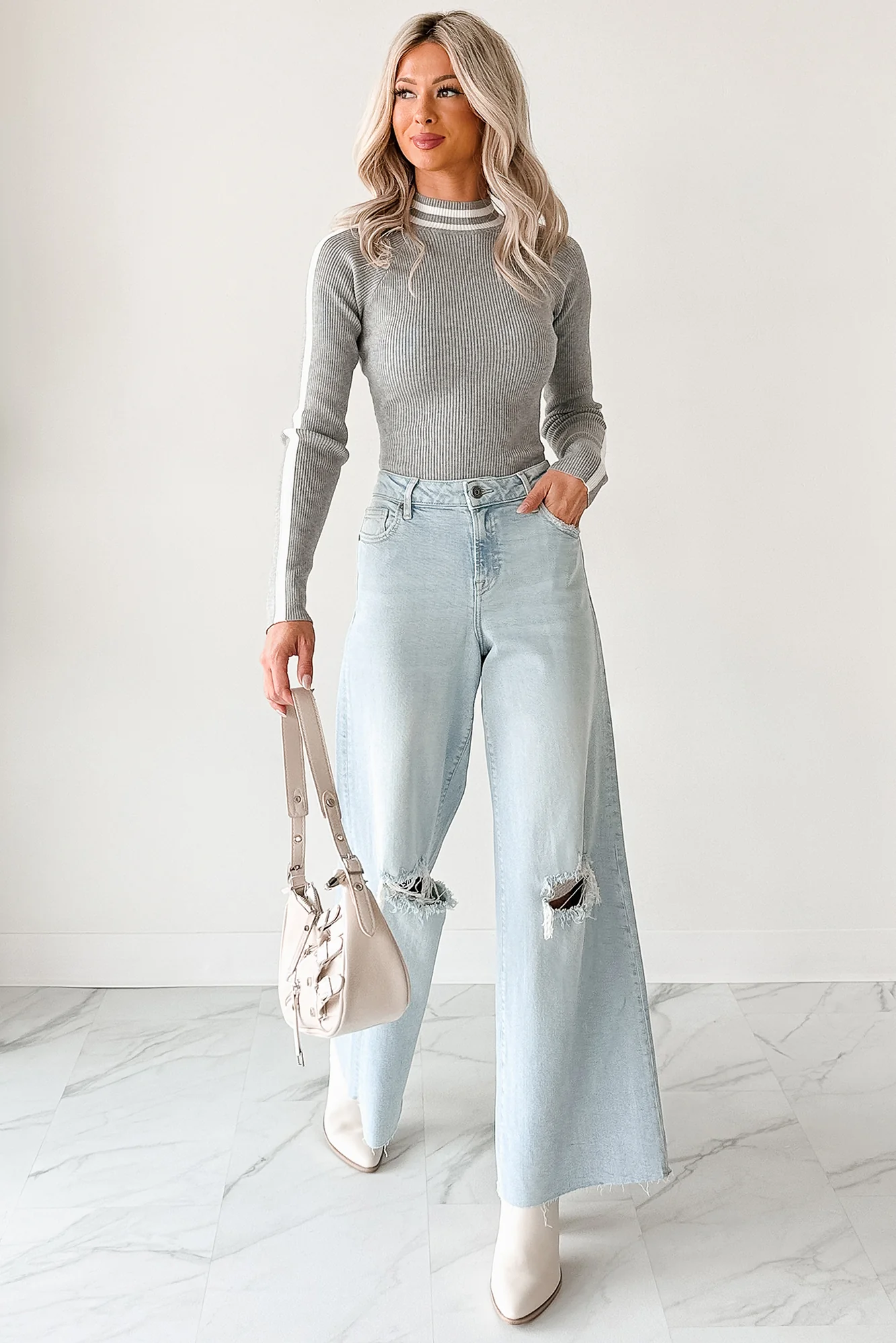 It Just Clicks Striped Mock Neck Bodysuit (H.Grey/White) - Image 8
