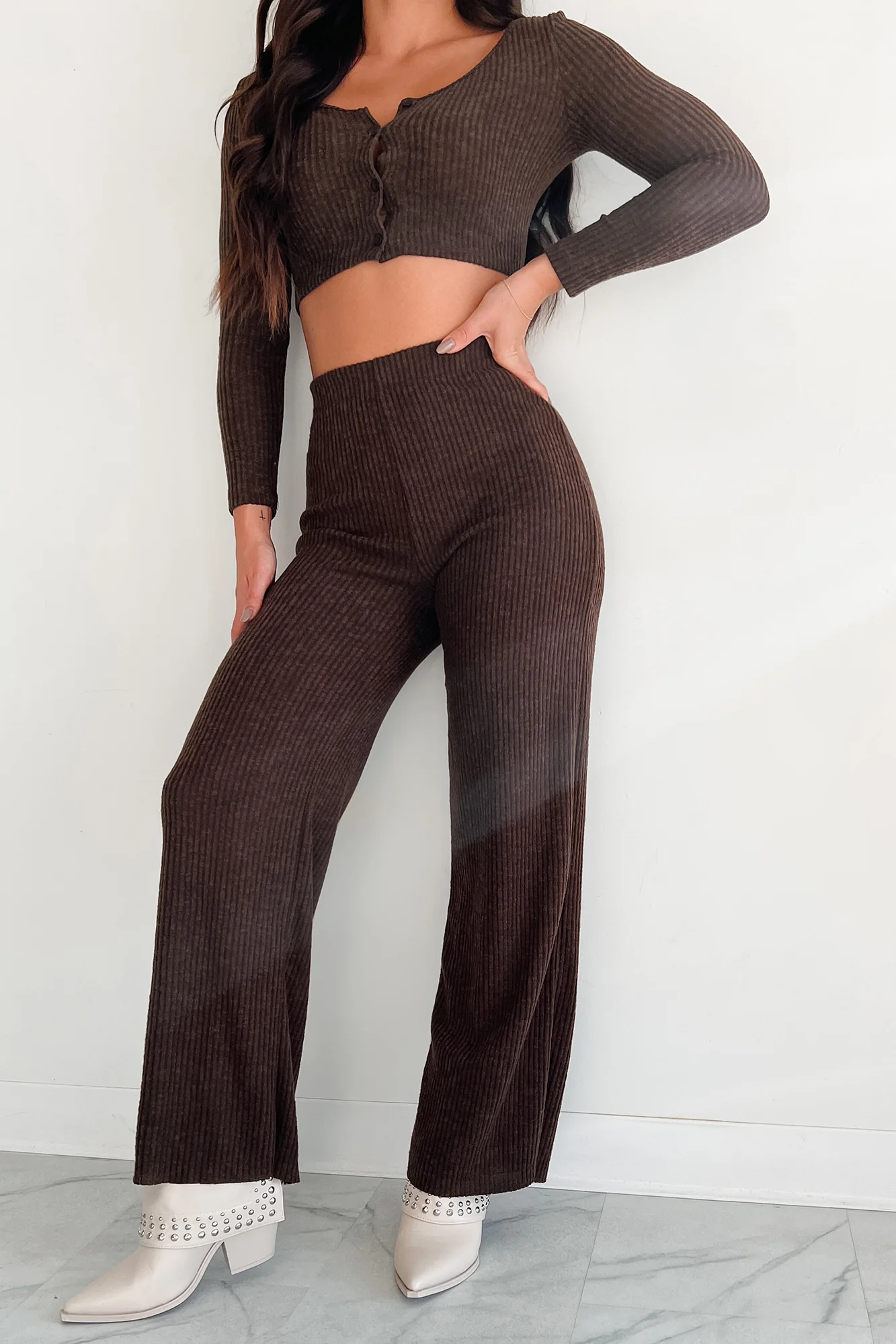 Ive Got My Eye On You Ribbed Long Sleeve Button Down Set (Espresso) - Image 3