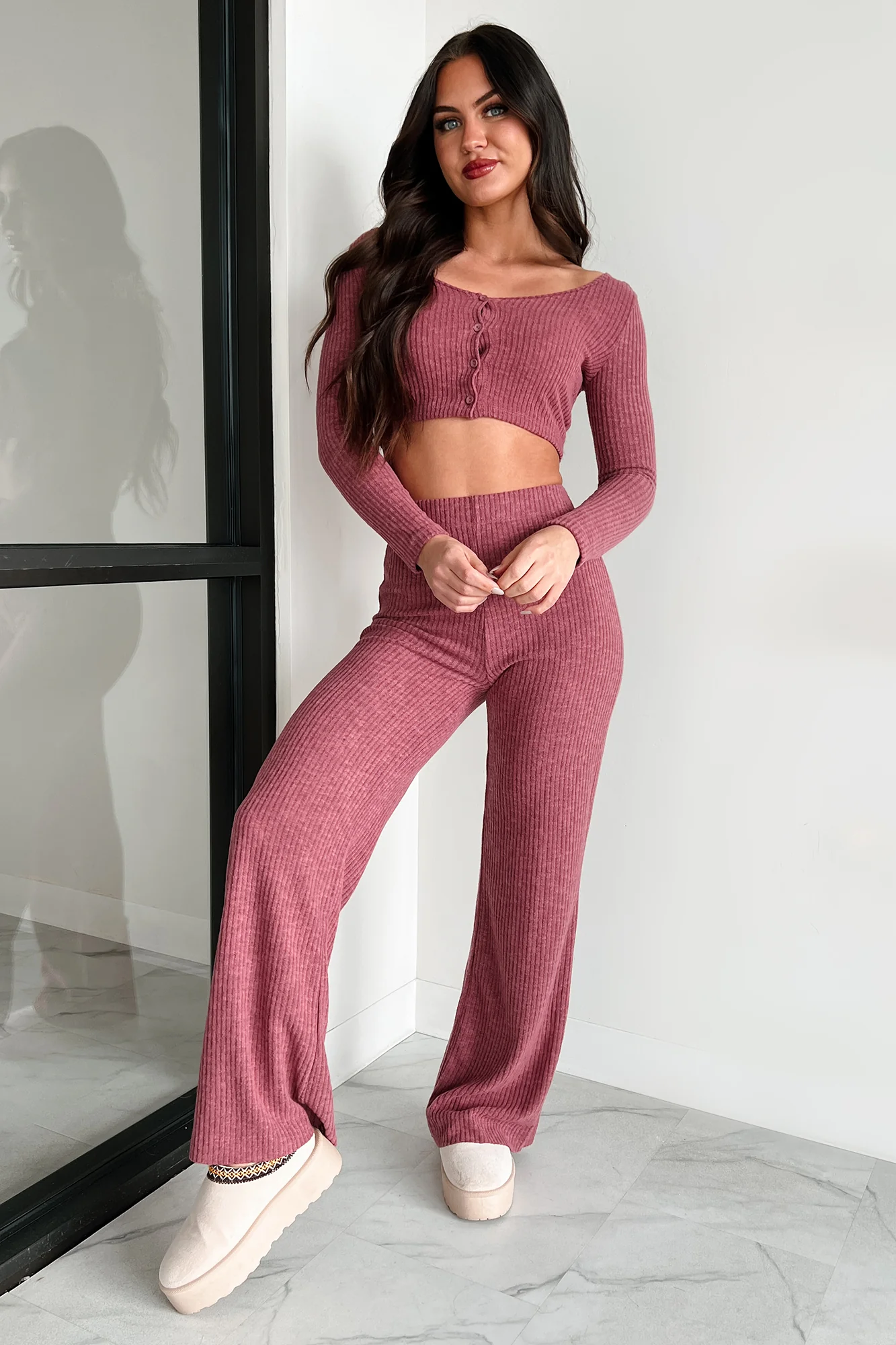 Ive Got My Eye On You Ribbed Long Sleeve Button Down Set (Soft Mulberry) - Image 6