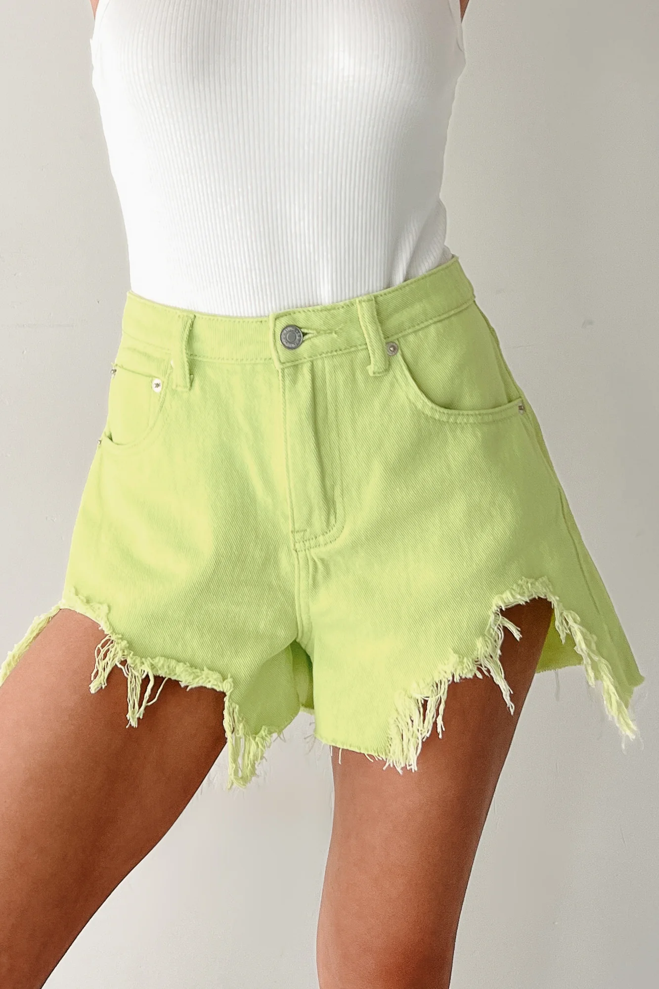 Jeanette High Rise Distressed Denim Shorts (Lime) - Image 3
