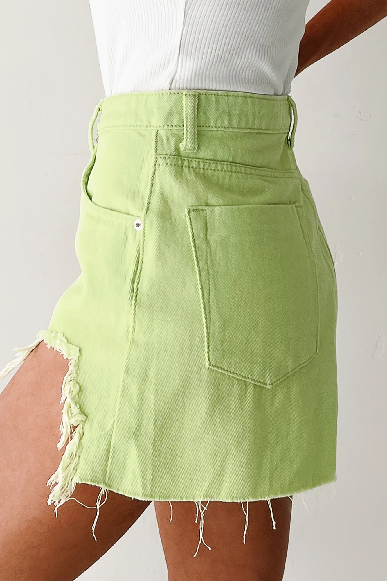 Jeanette High Rise Distressed Denim Shorts (Lime) - Image 4