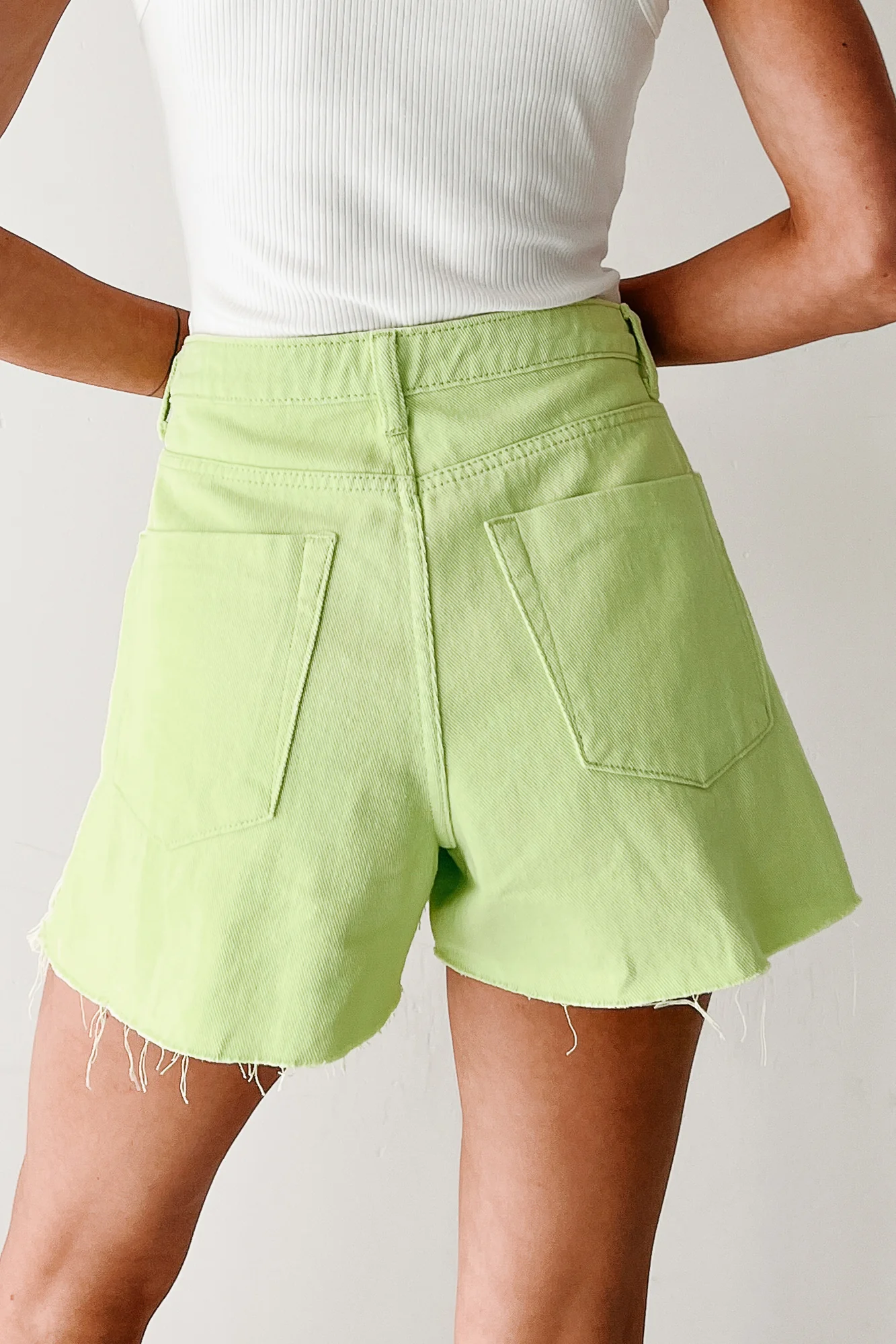Jeanette High Rise Distressed Denim Shorts (Lime) - Image 5