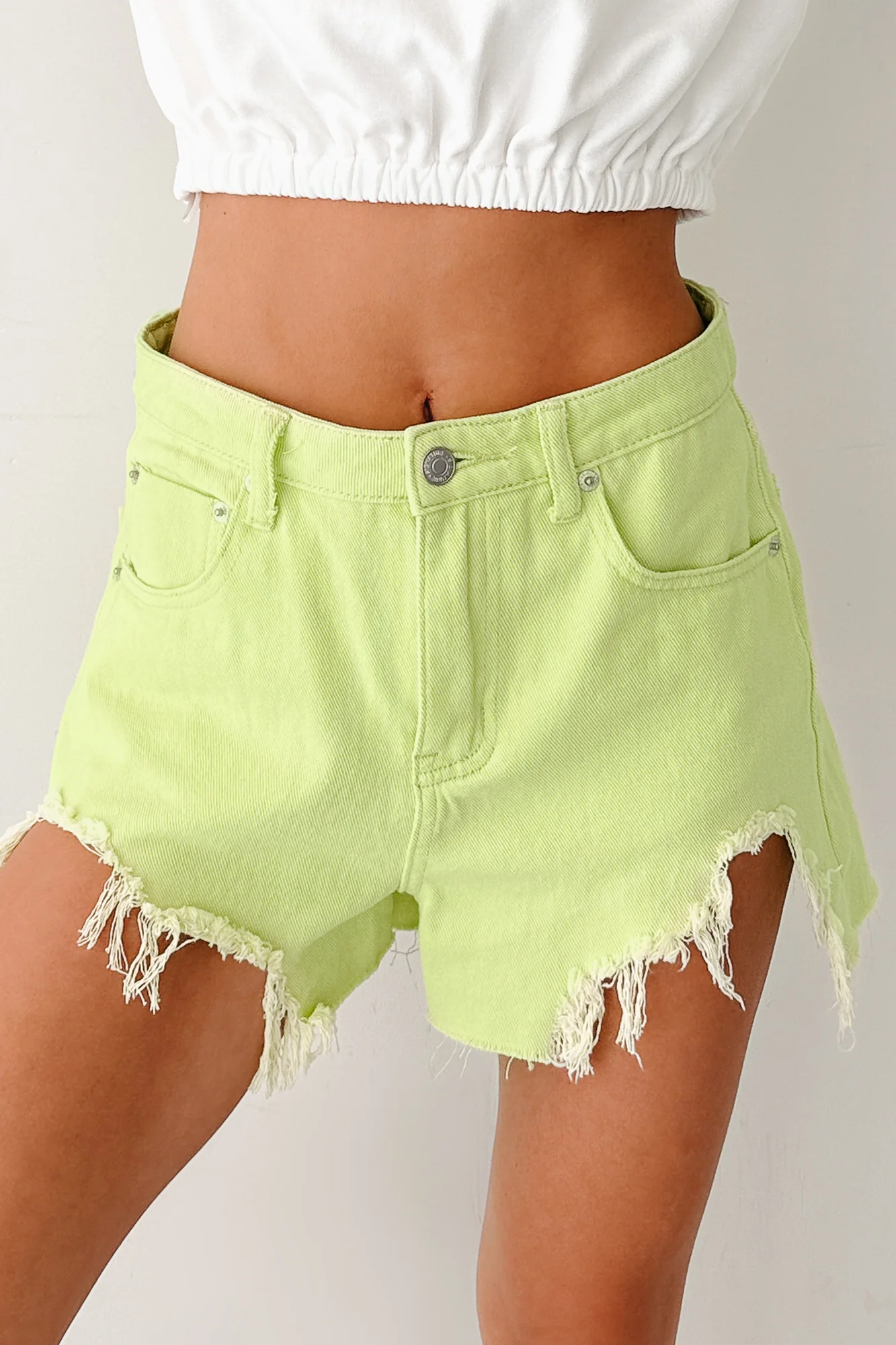 Jeanette High Rise Distressed Denim Shorts (Lime) - Image 6