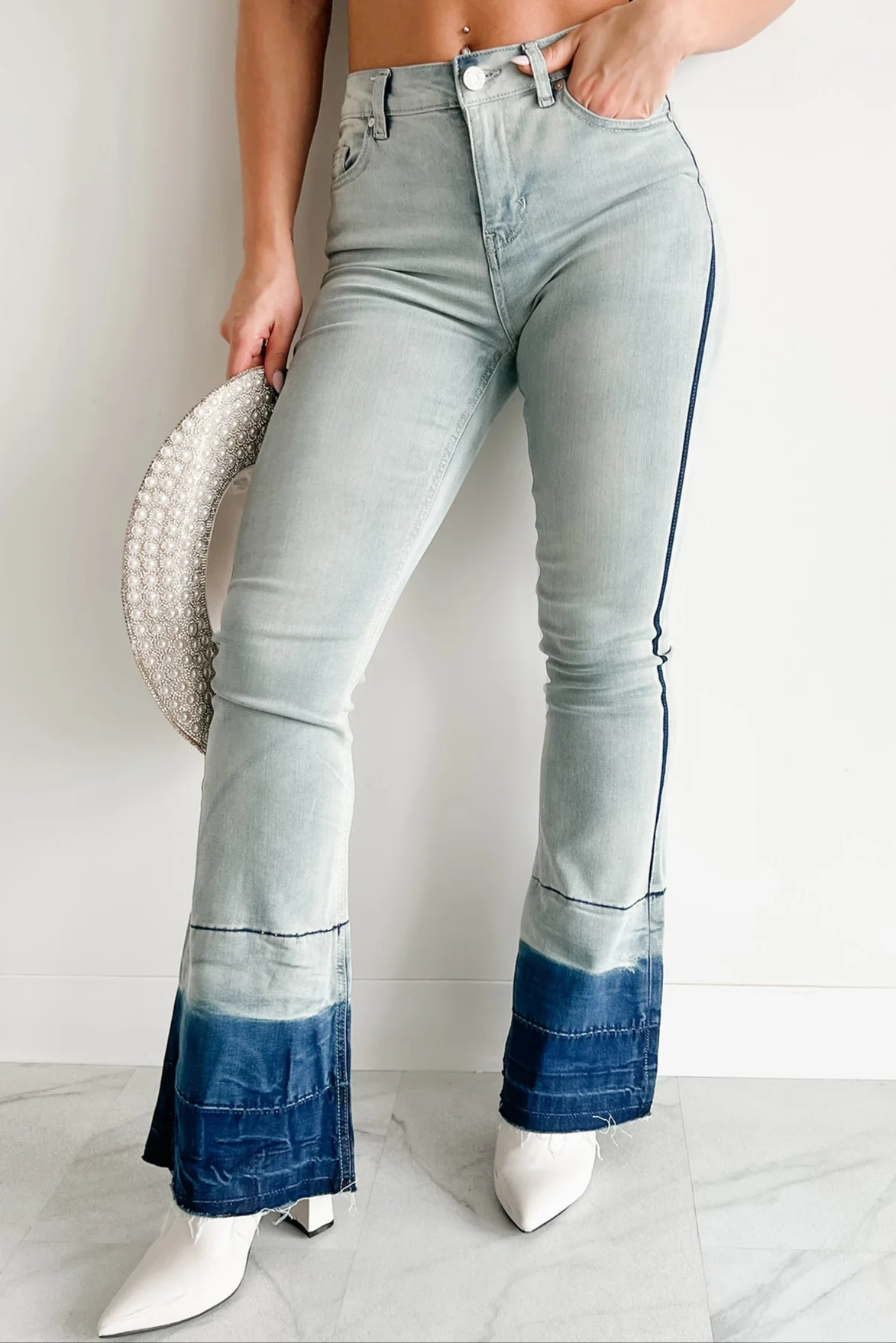 Jett High Rise Dip Dye Indigo Reign Flare Jeans (Light Wash) - Image 3