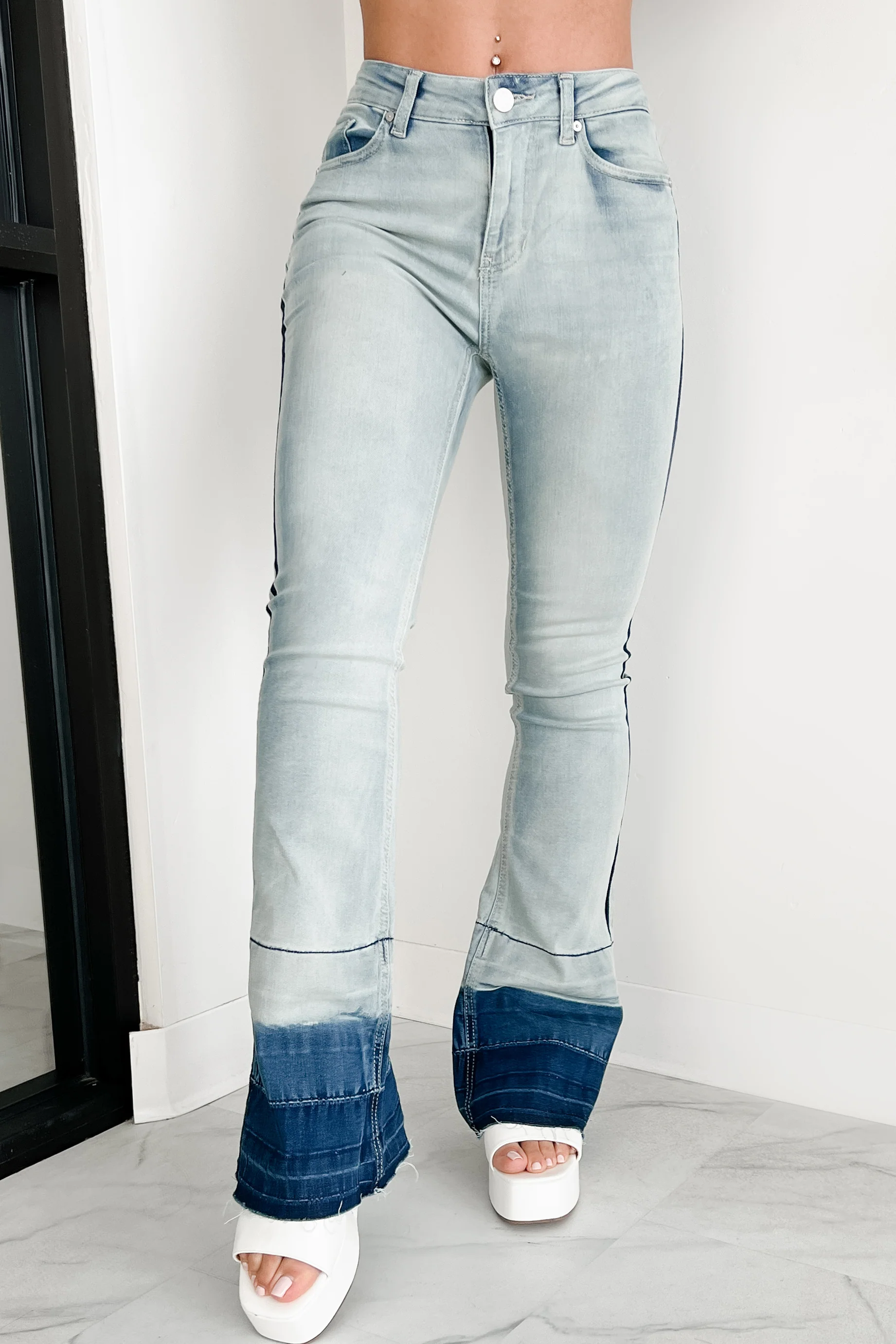 Jett High Rise Dip Dye Indigo Reign Flare Jeans (Light Wash) - Image 8