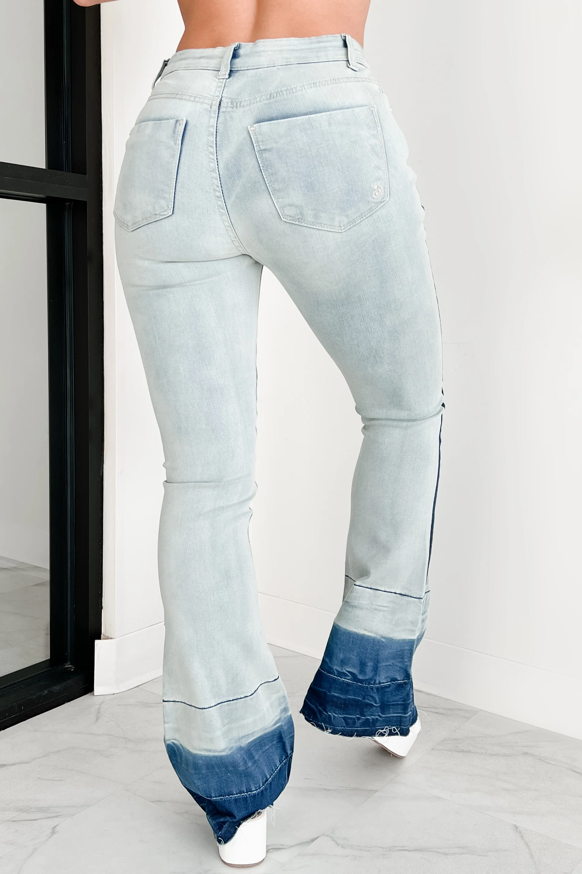 Jett High Rise Dip Dye Indigo Reign Flare Jeans (Light Wash) - Image 9