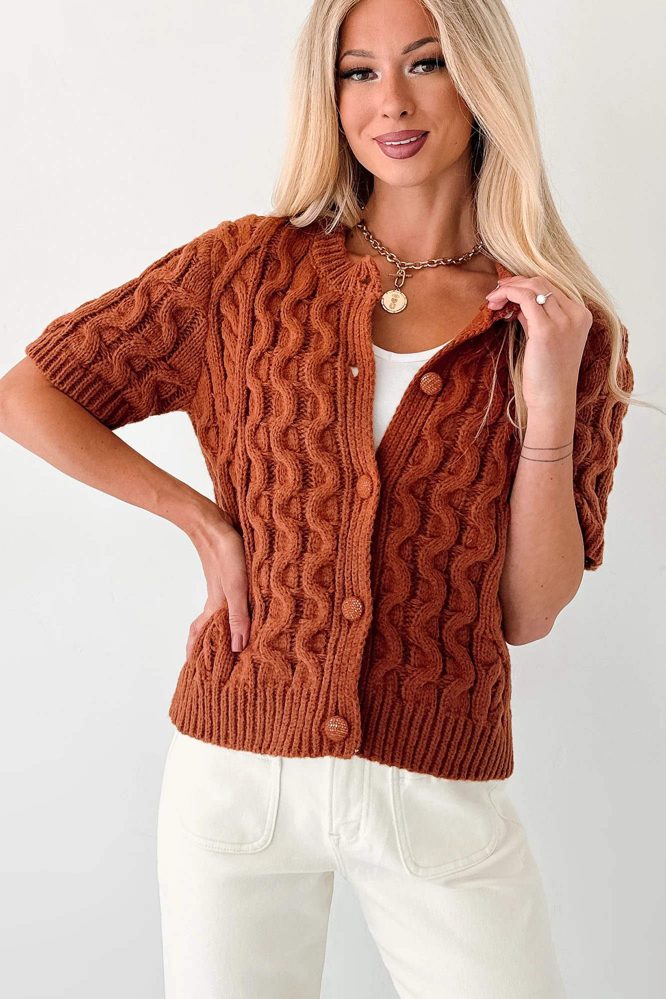 Just Being Modest Short Sleeve Button-Up Sweater (Brick) - Image 3