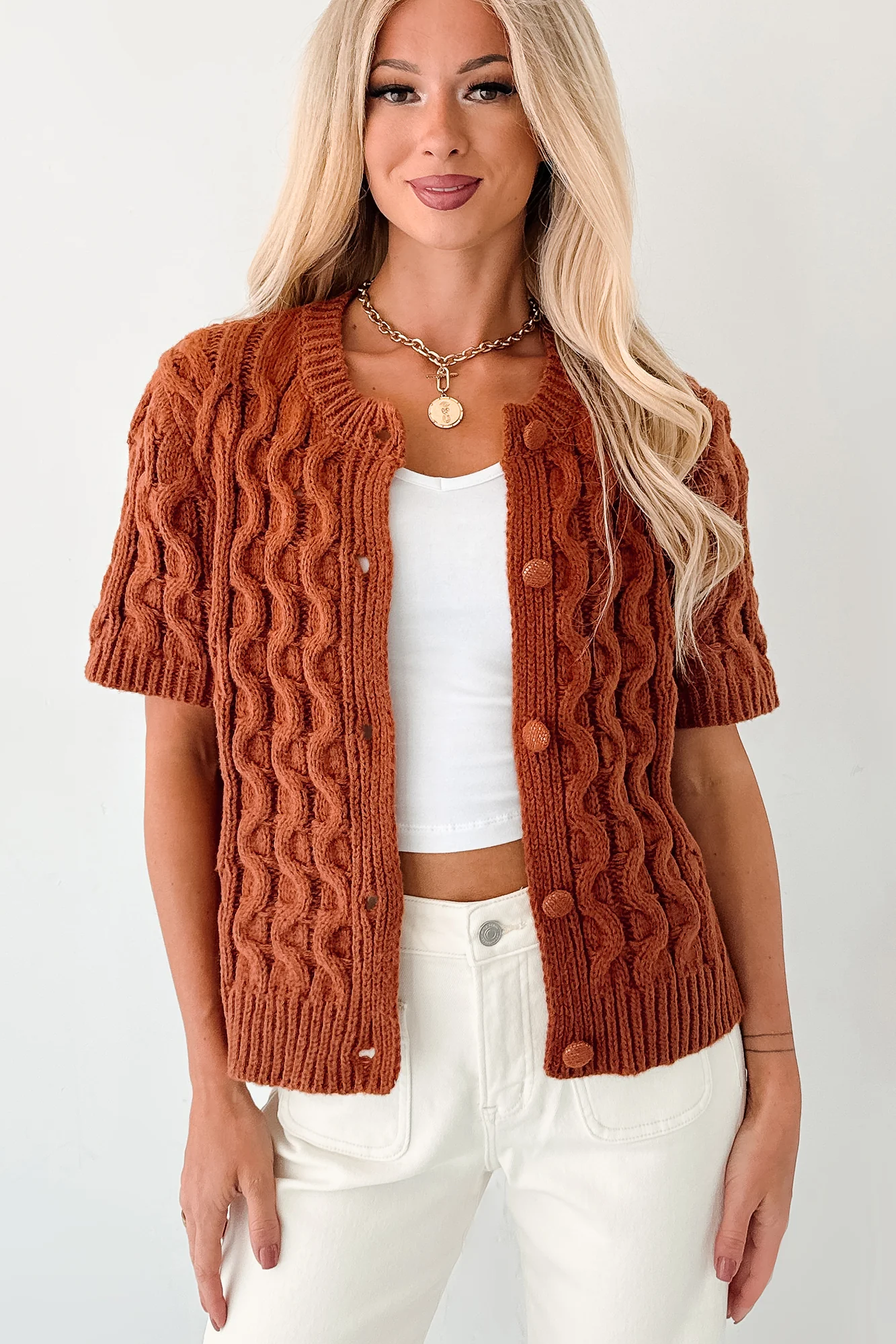 Just Being Modest Short Sleeve Button-Up Sweater (Brick) - Image 4
