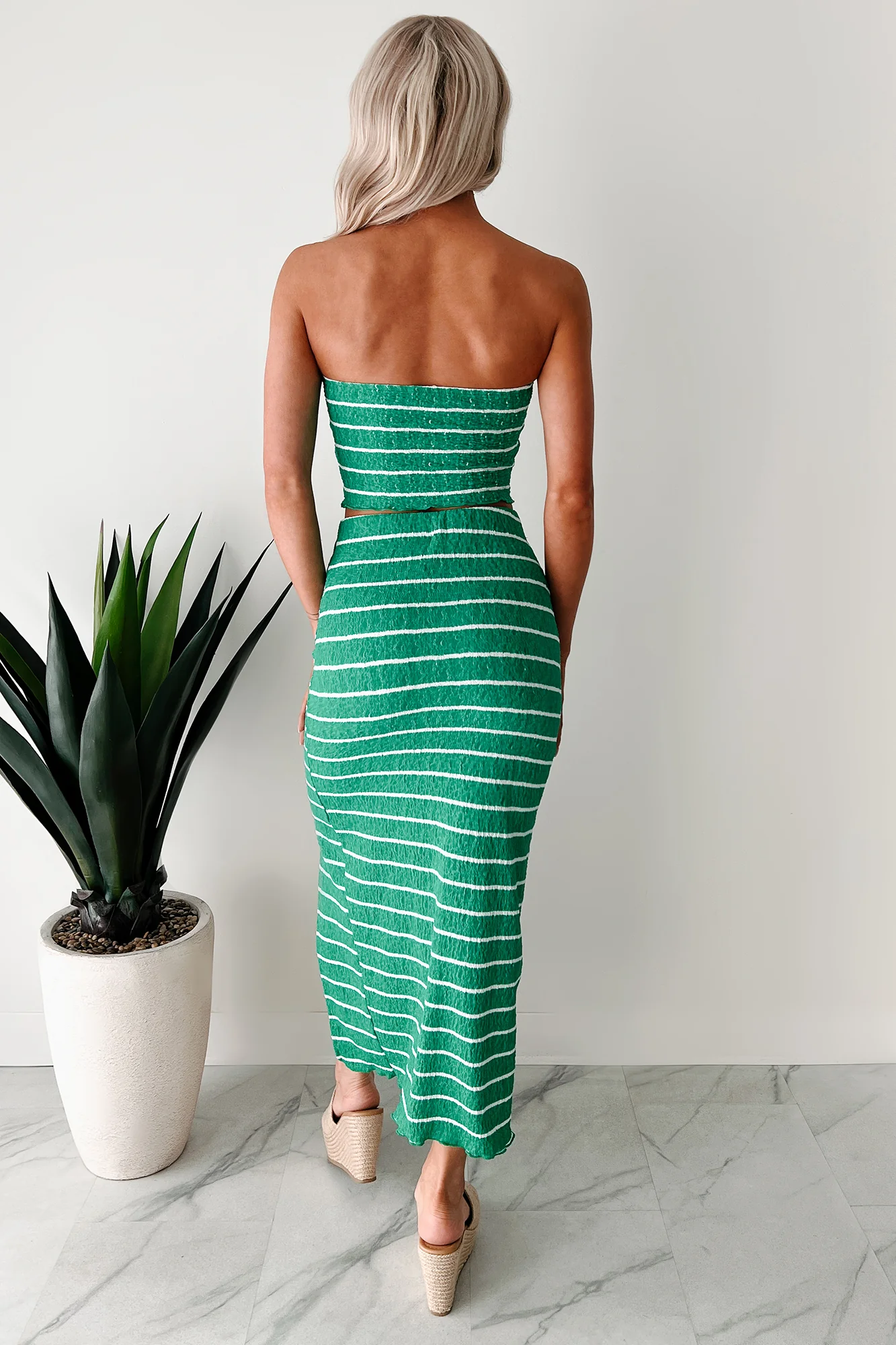 Just Hanging Loose Striped Tube Top & Skirt Set (Green/White) - Image 3