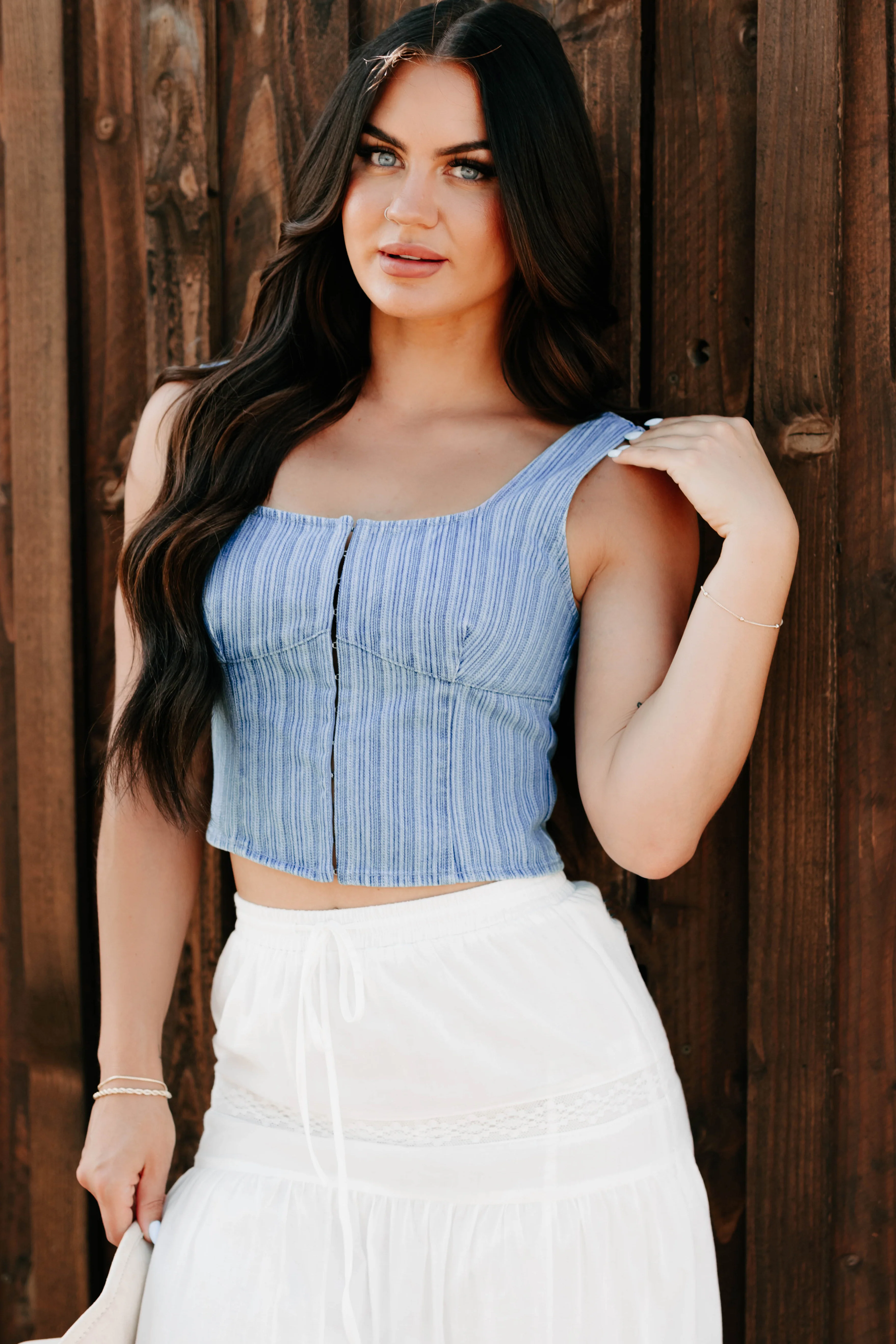 Just Killing Time Striped Denim Corset Top (Denim) - Image 8