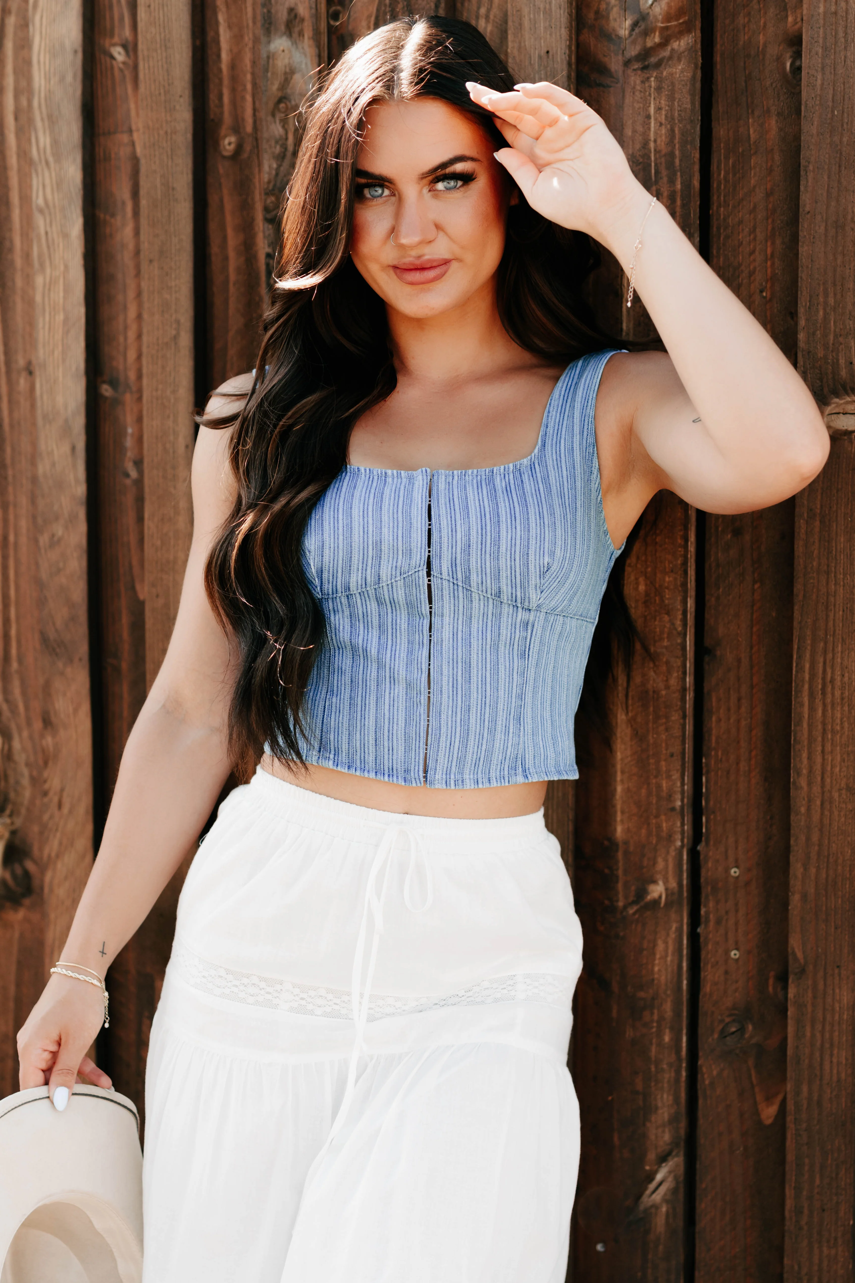 Just Killing Time Striped Denim Corset Top (Denim) - Image 9