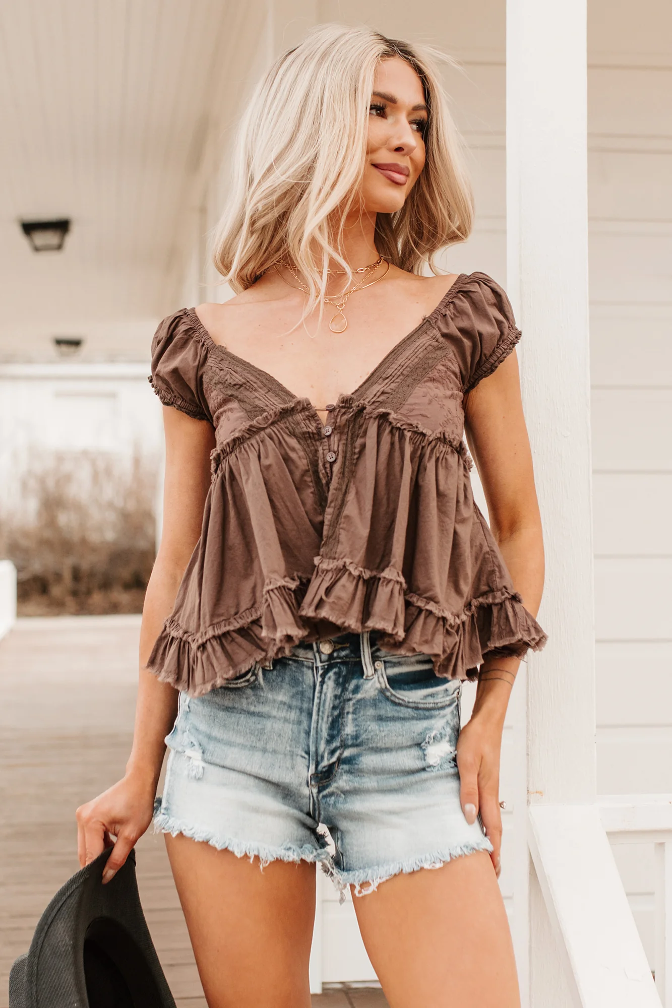 Just One Look Ruffle Babydoll Top (Brown) - Image 3