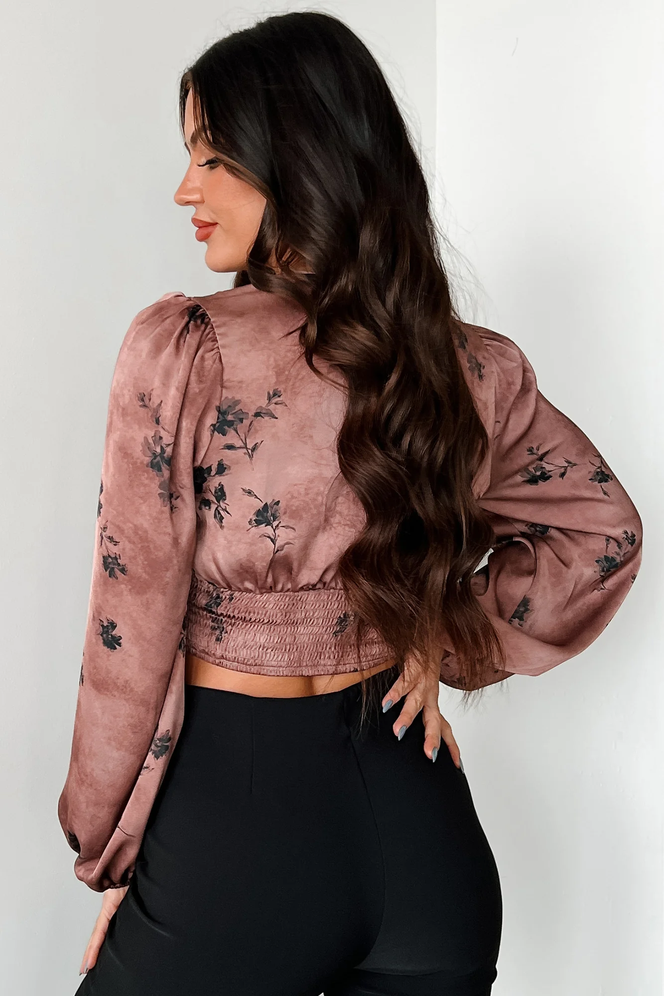 Just Say When Satin Floral Long Sleeve Top (Brown) - Image 4