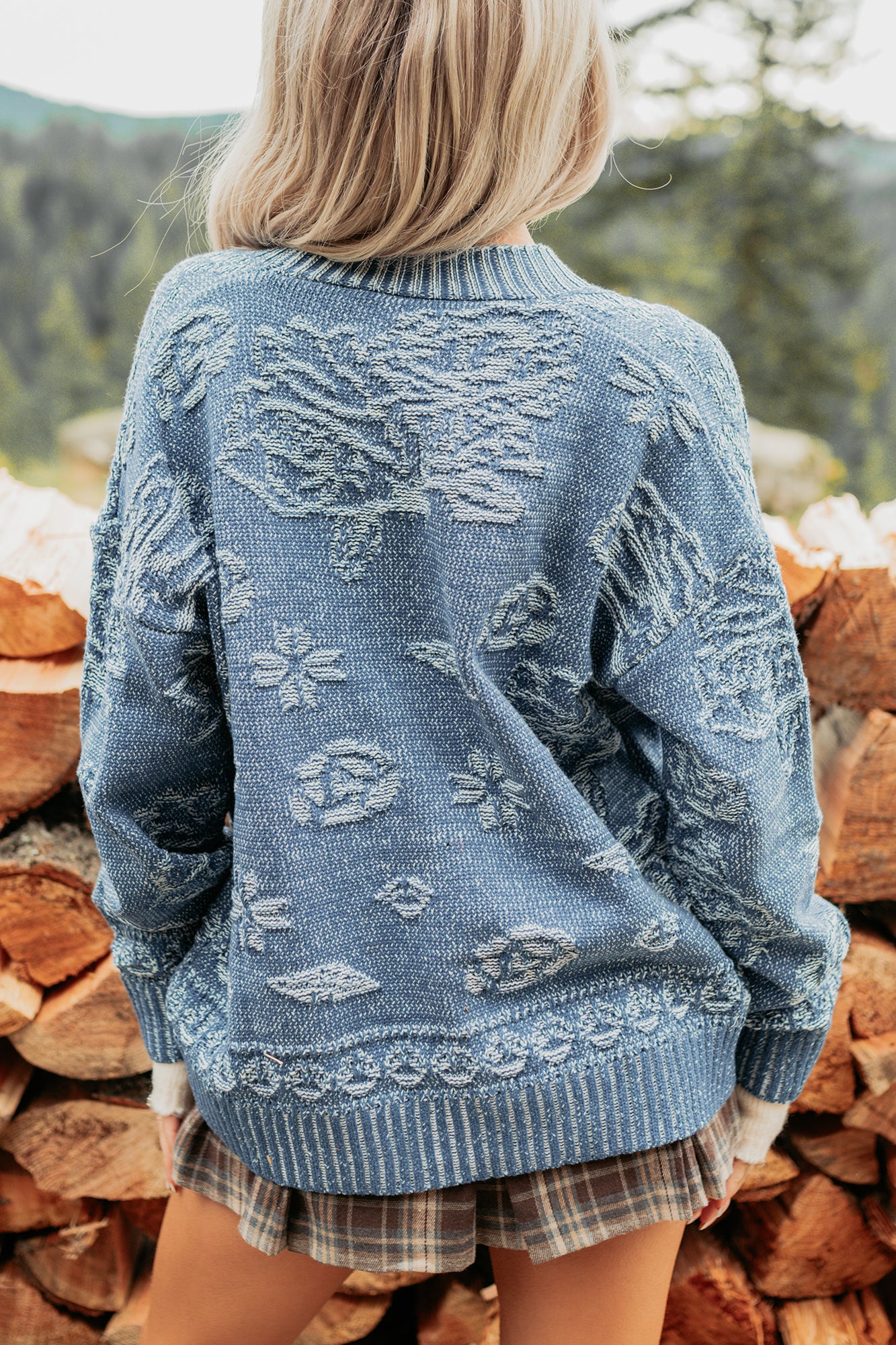 Just Sunday Knit Vintage Print Cardigan (Blue) - Image 3