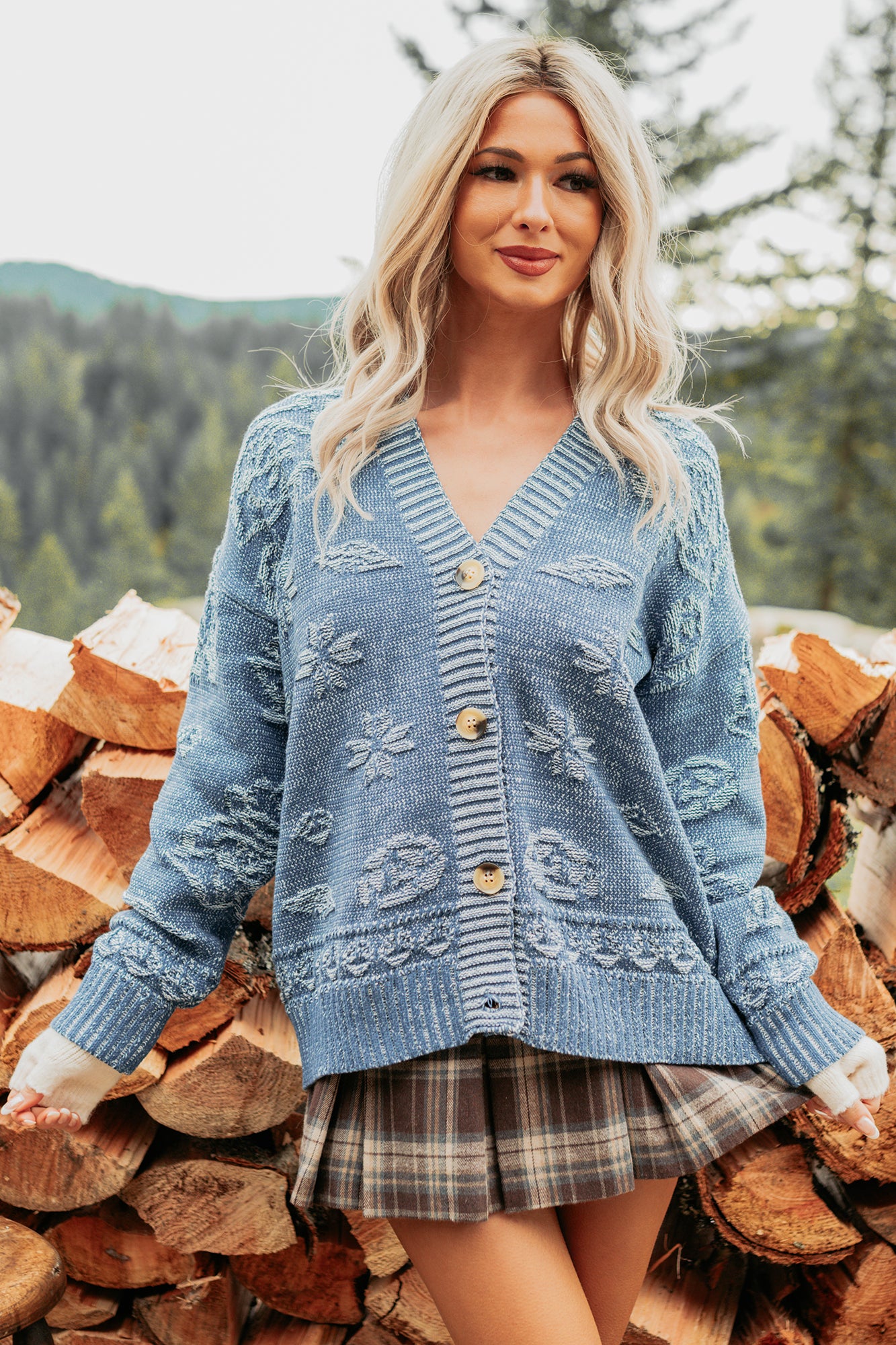 Just Sunday Knit Vintage Print Cardigan (Blue) - Image 4