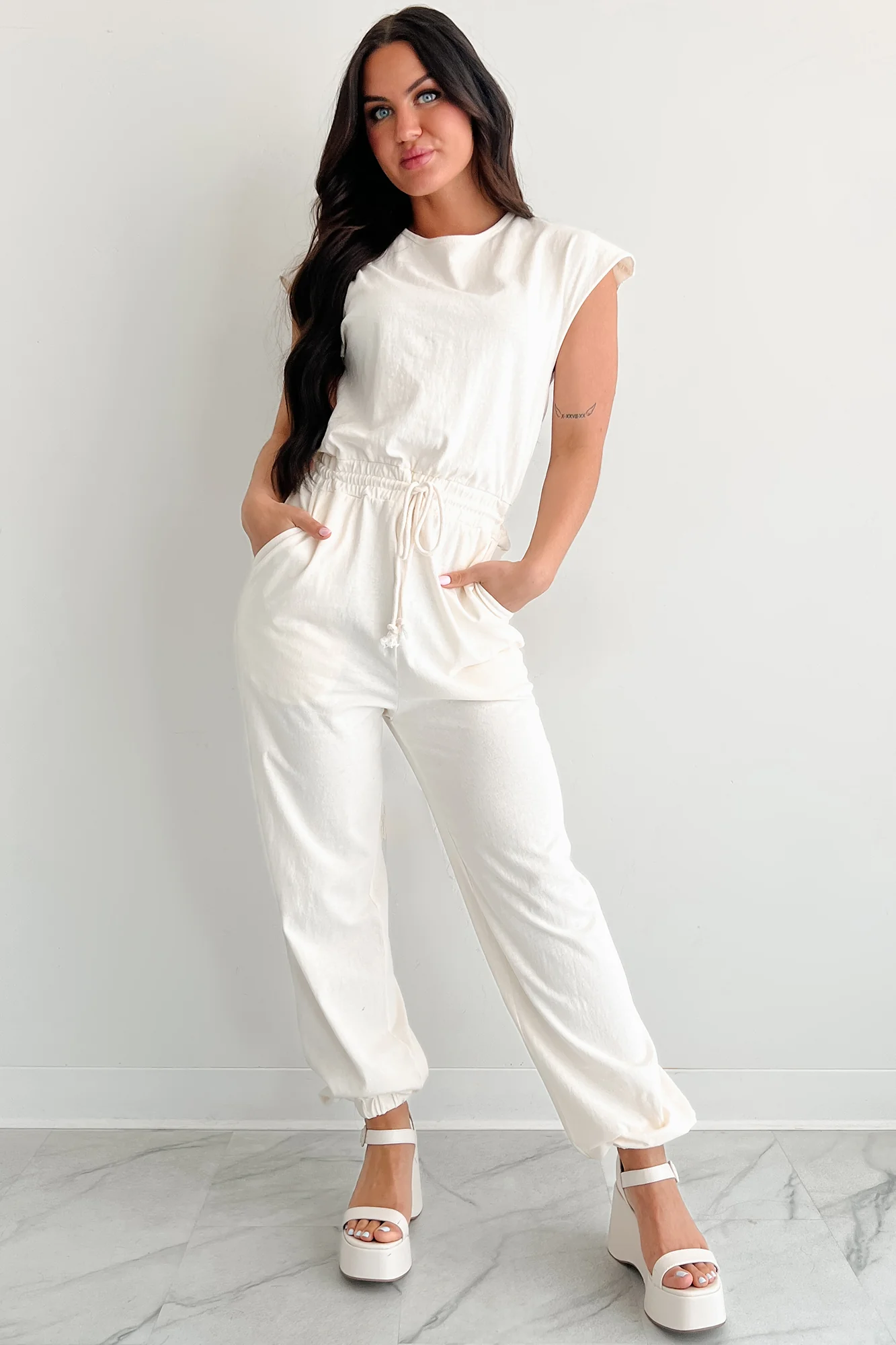 Just The Basics Short Sleeve Jumpsuit (Ivory) - Image 7
