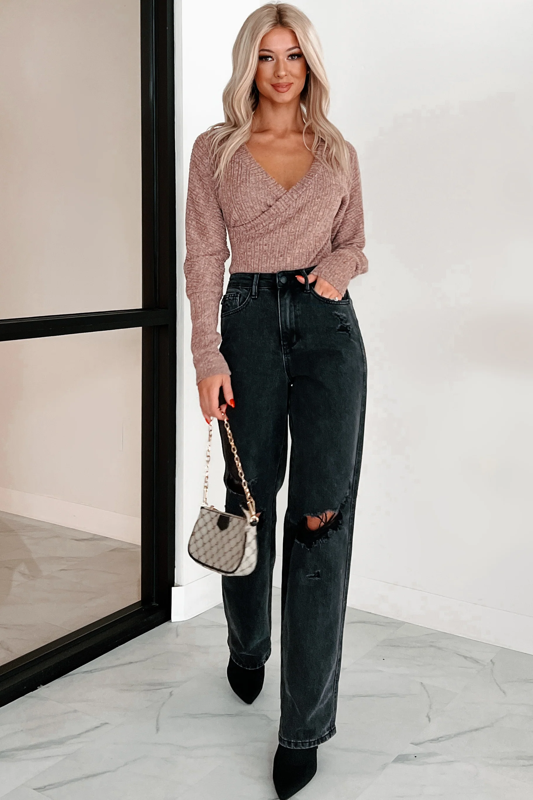 Kaelin Long Sleeve Surplice Bodysuit (Dusty Pink) - Image 8