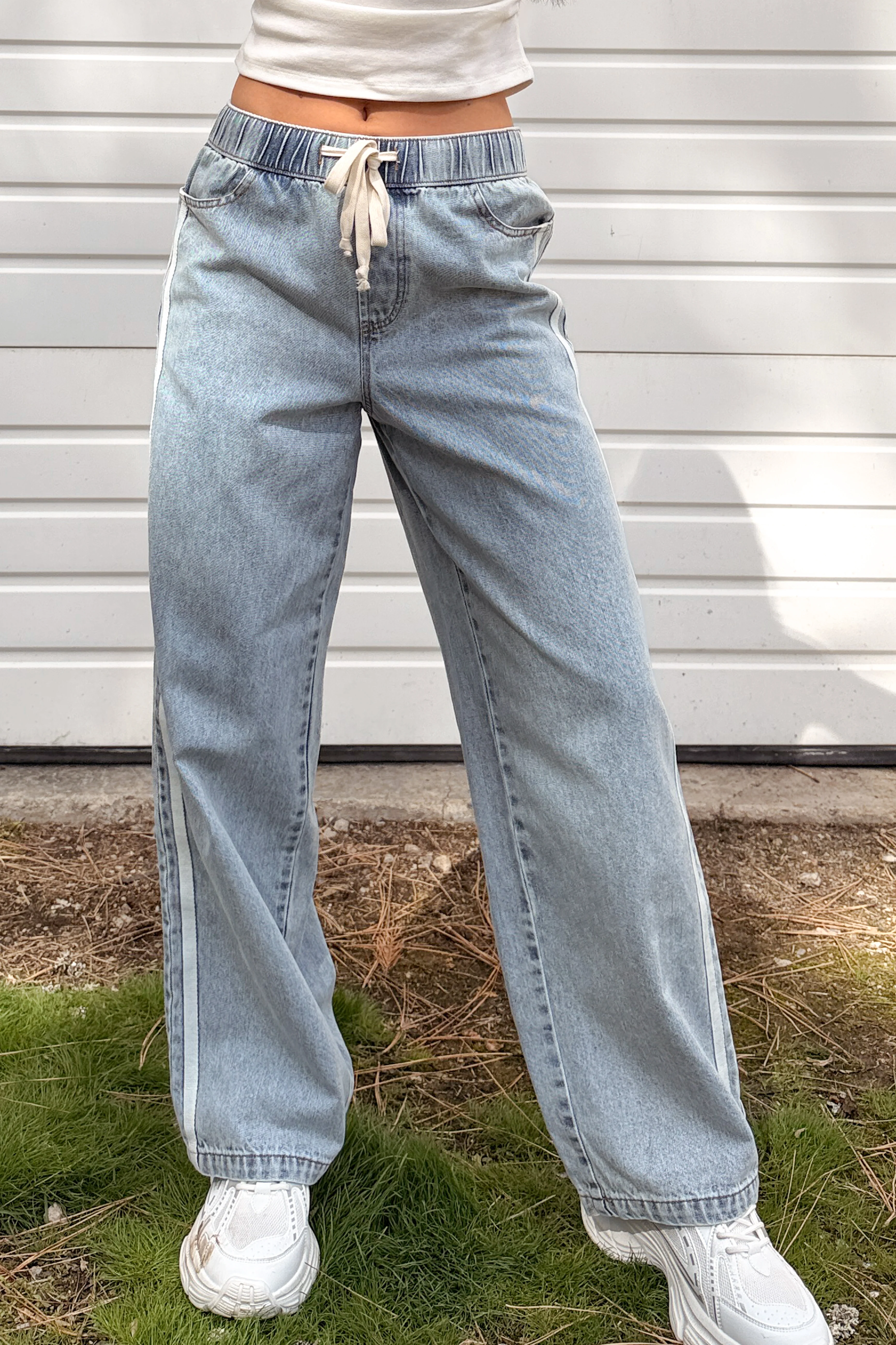 Kailer Side Stripe Wide Leg Drawstring Pants (Light Denim) - Image 2