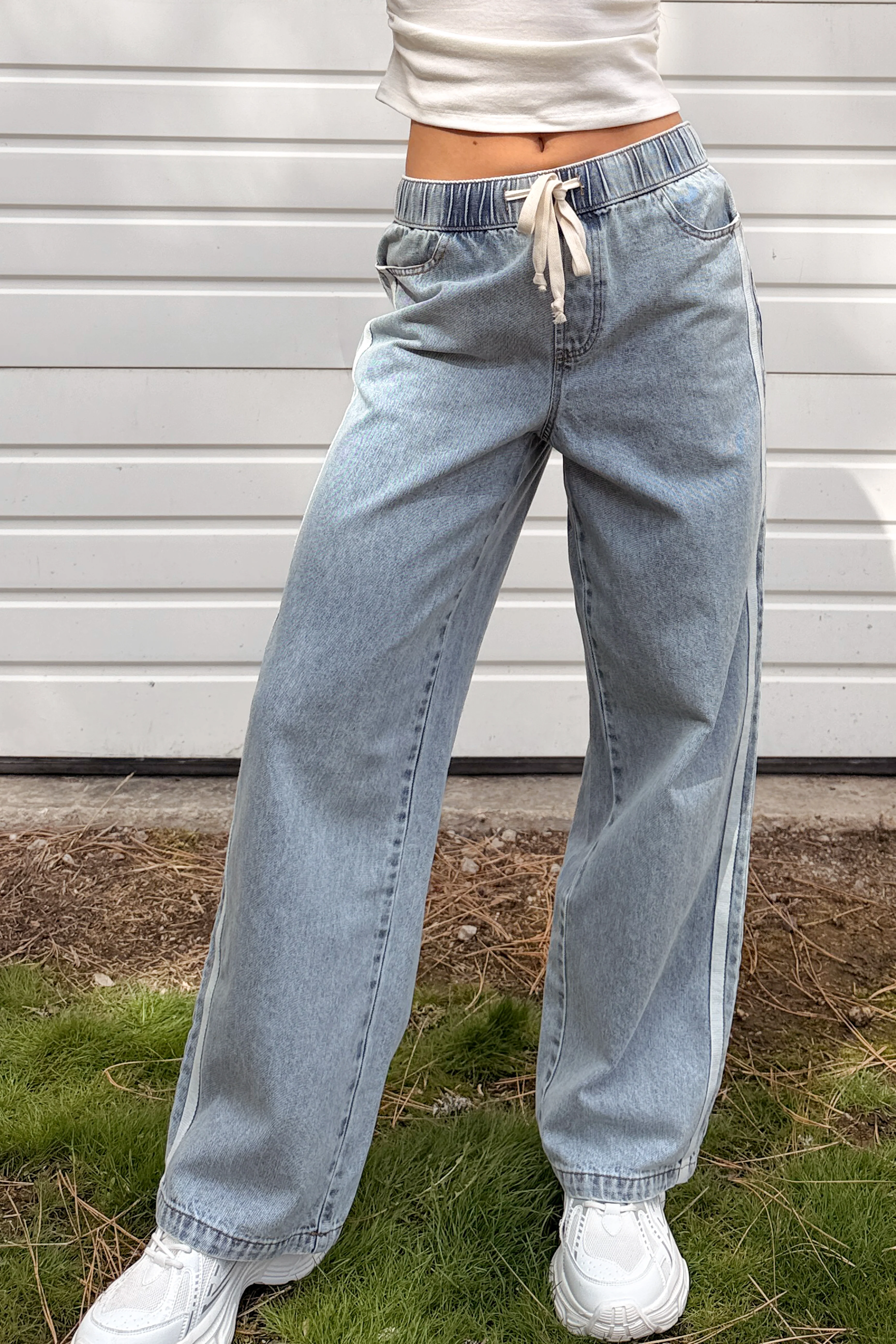 Kailer Side Stripe Wide Leg Drawstring Pants (Light Denim) - Image 4