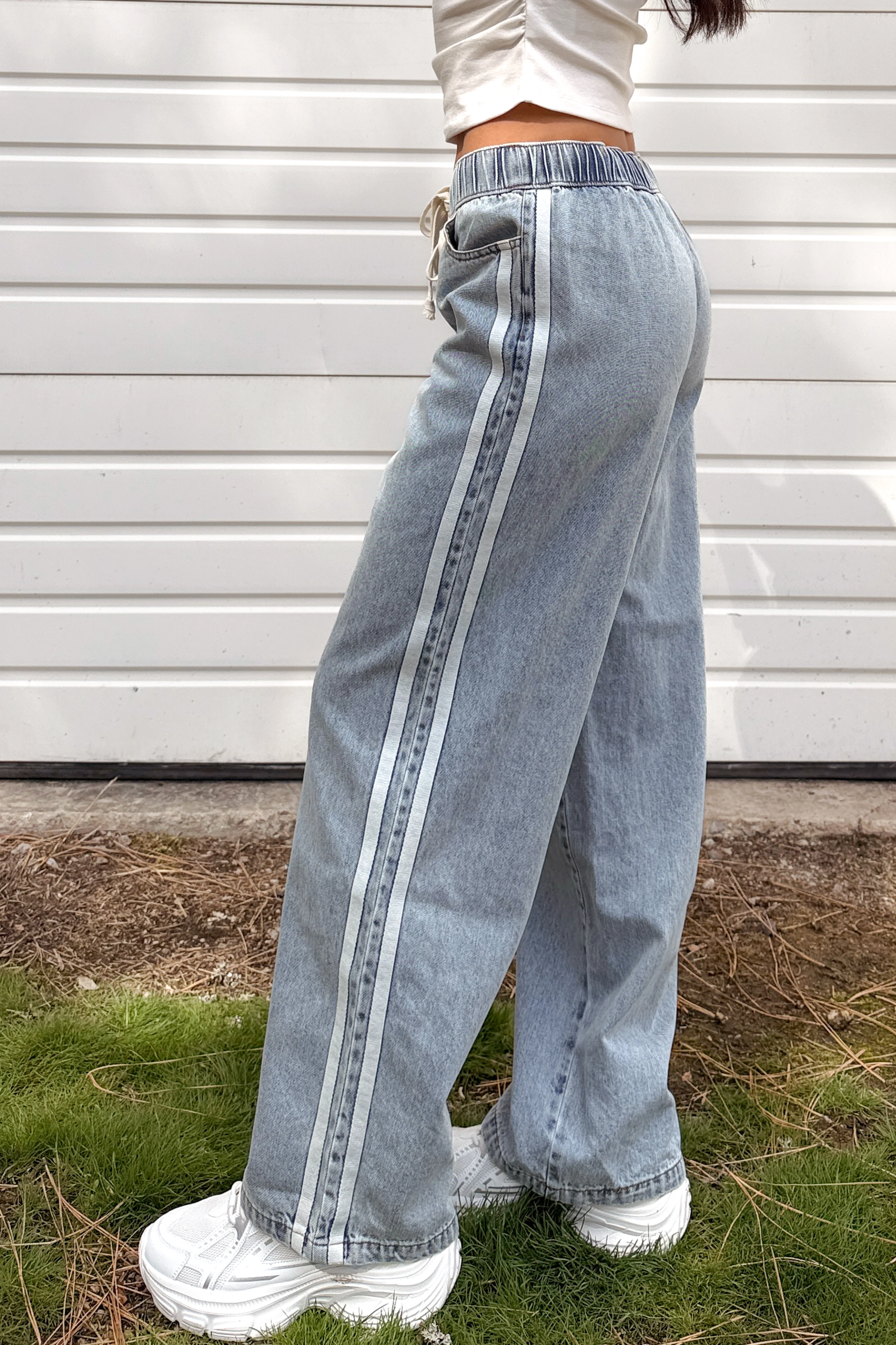 Kailer Side Stripe Wide Leg Drawstring Pants (Light Denim) - Image 5