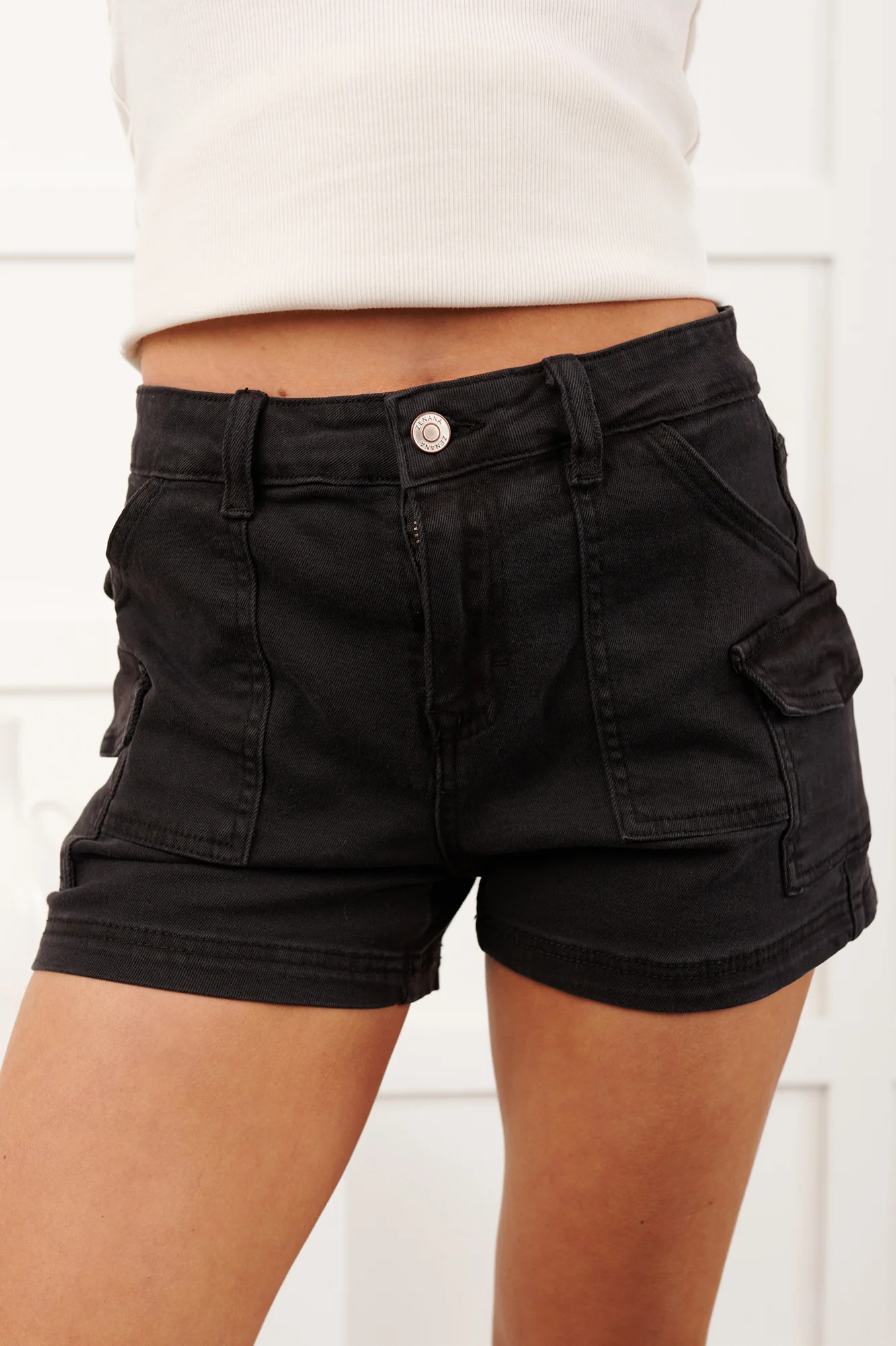 Karly Utility Pocket Denim Shorts (Black) - Image 4